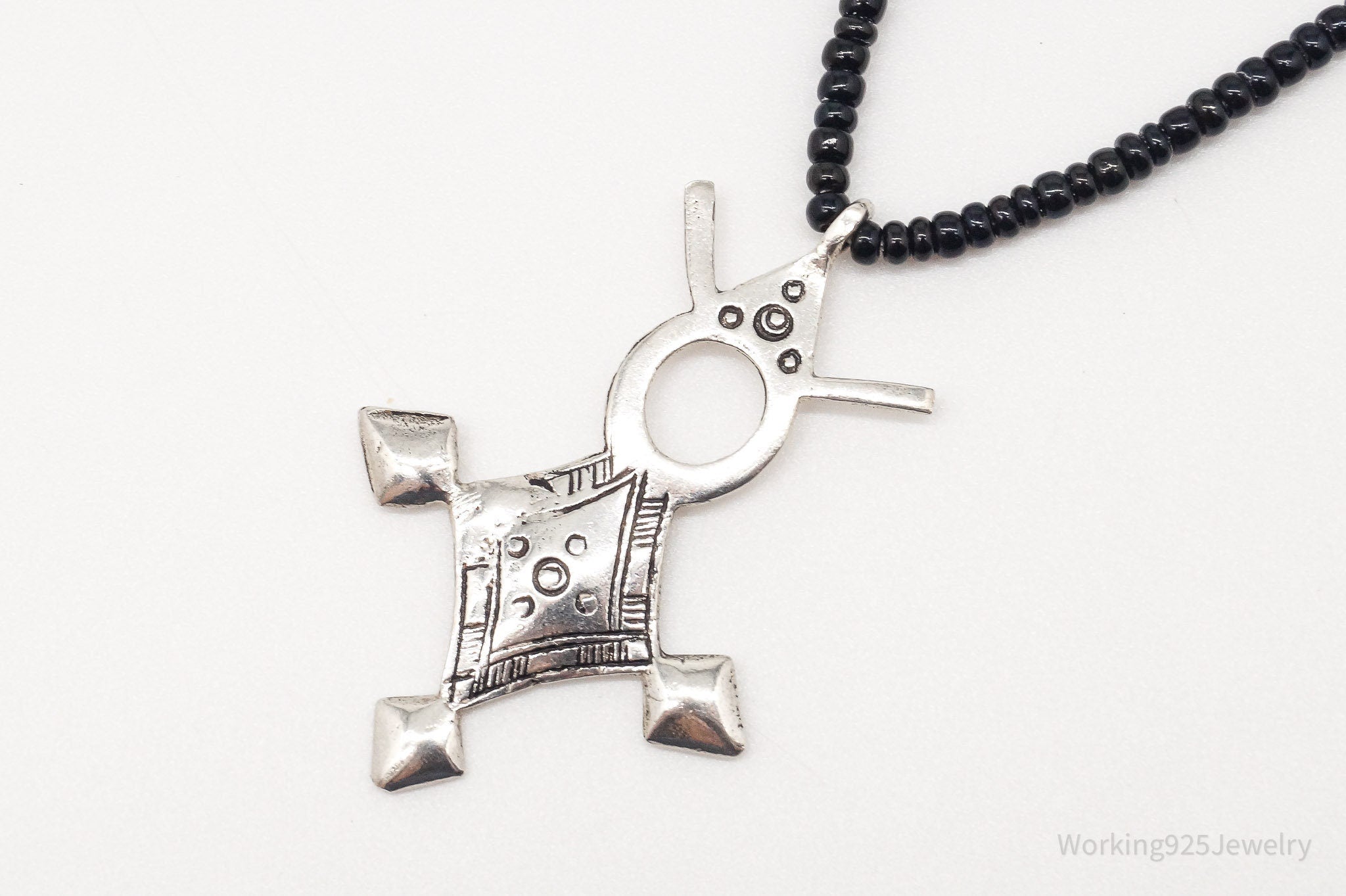 Vintage Large Silver Southern Cross Black Bead Necklace 18"