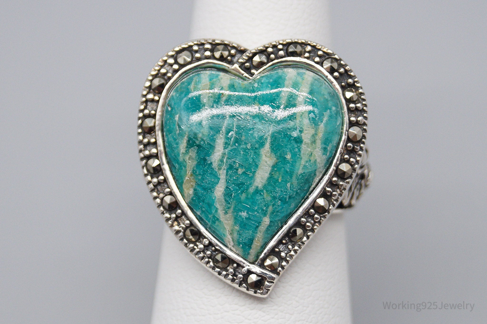 Vintage Amazonite Marcasite Heart Sterling Silver Ring - Size 6