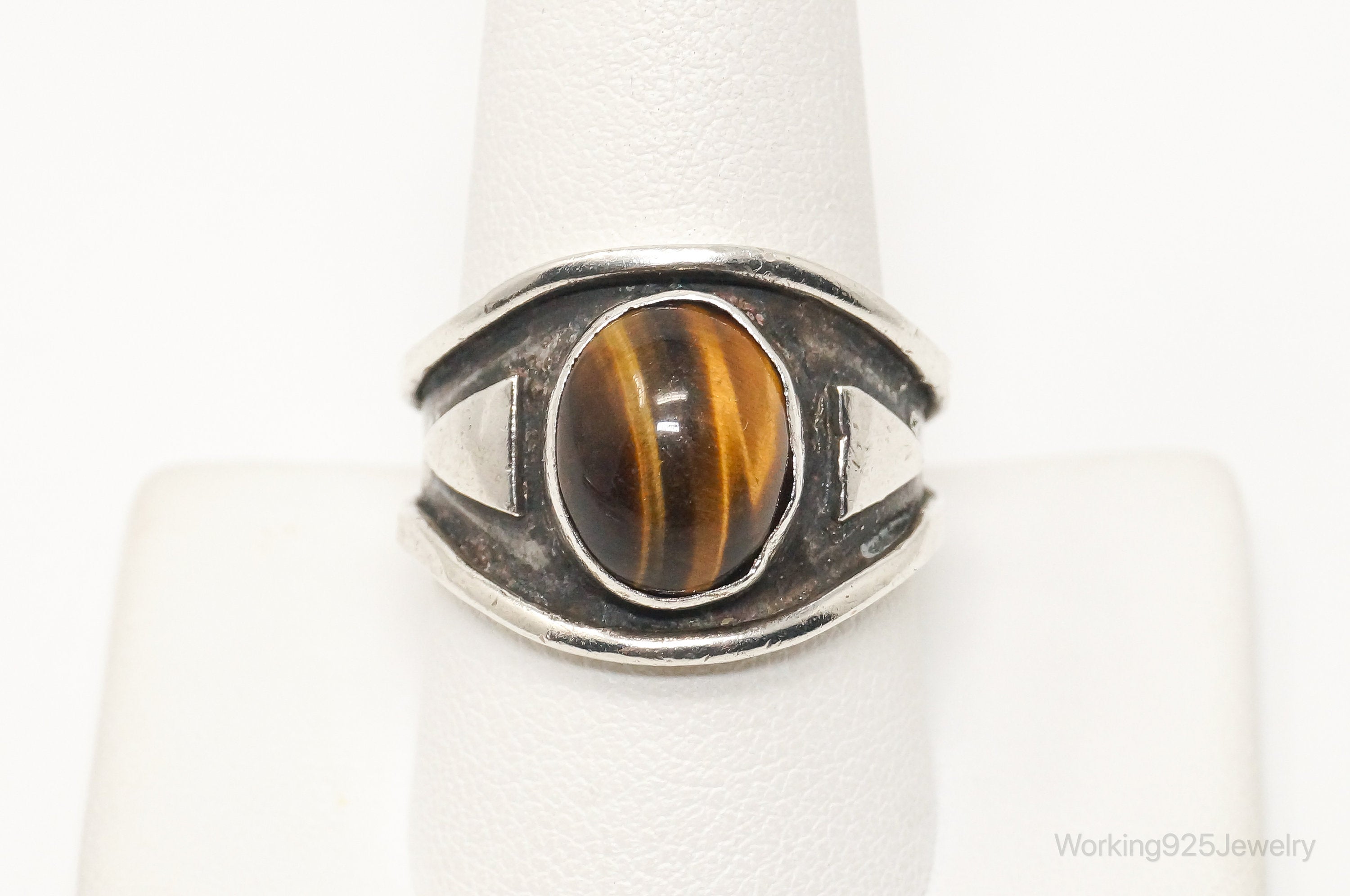 Vintage Native American Tigers Eye Unsigned Sterling Silver Ring - Sz 10