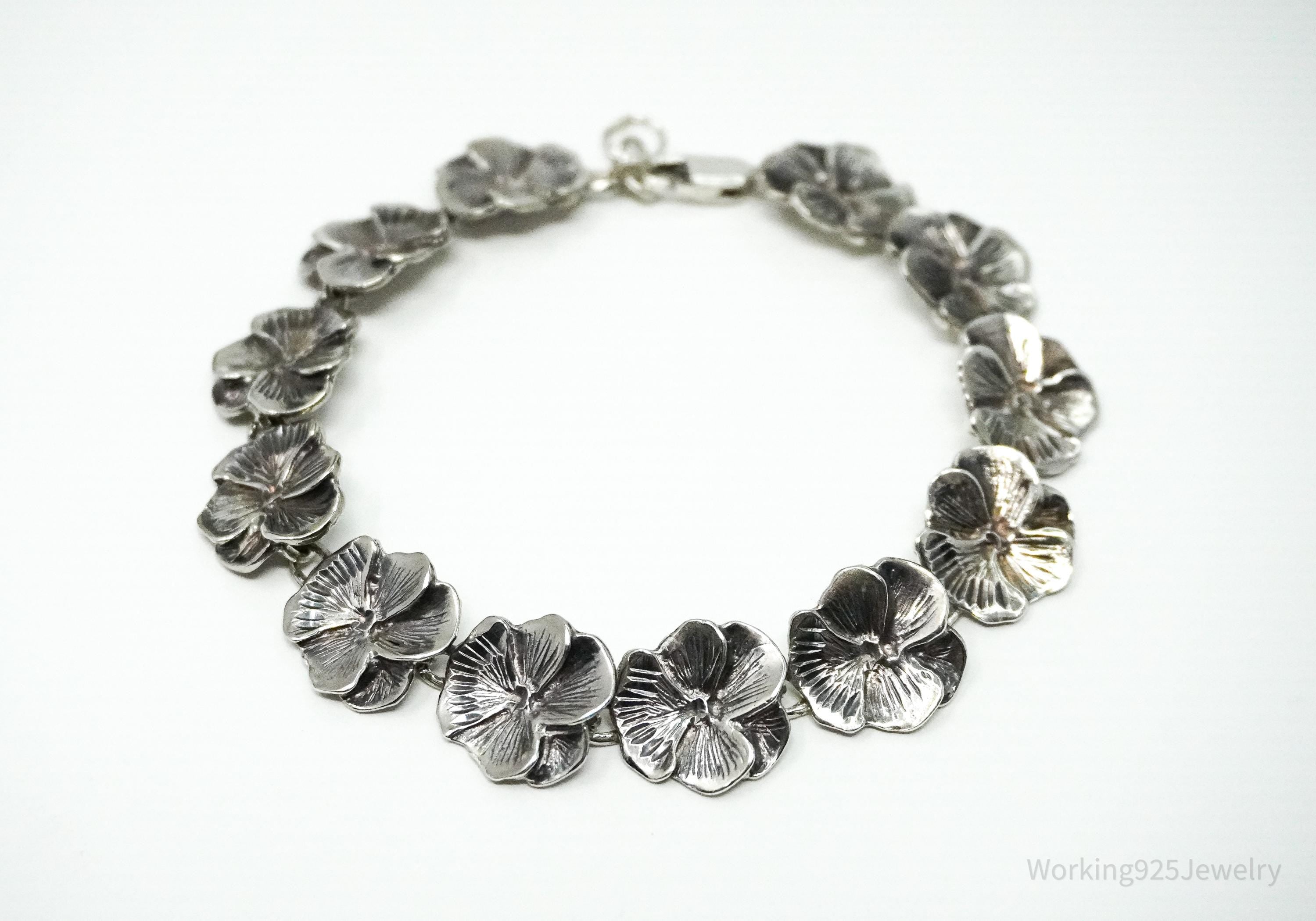 Vintage Flowers Sterling Silver Bracelet 8 1/8"