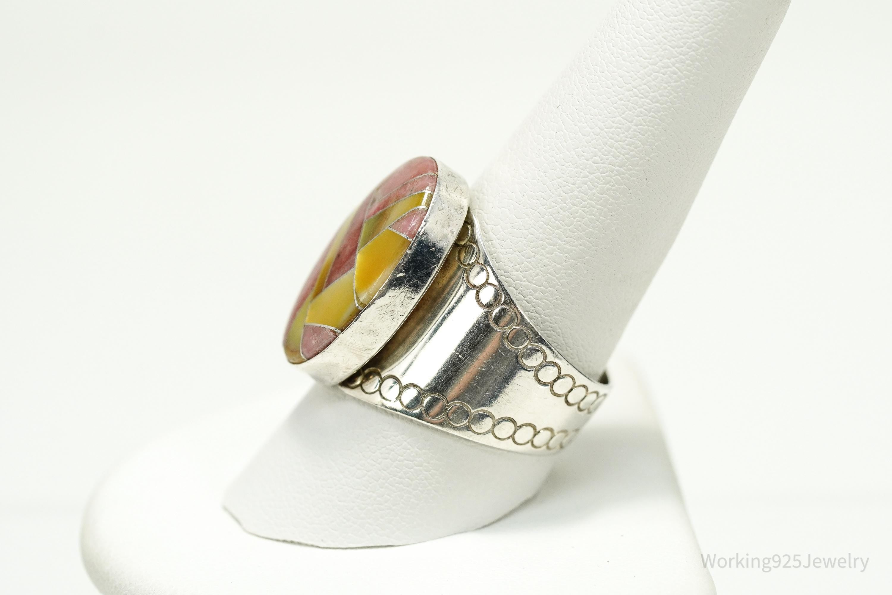 Vintage JAY KING Rhodonite & Mother Of Pearl Inlay Sterling Silver Ring - Size 10.25