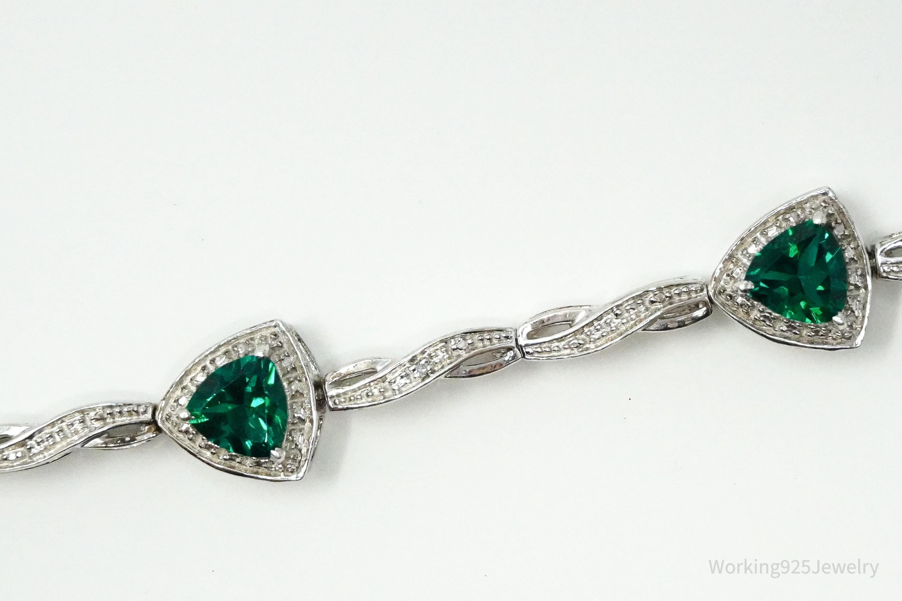 Vintage JWBR Lab Emerald & Single Diamond Sterling Silver Bracelet 7.25"