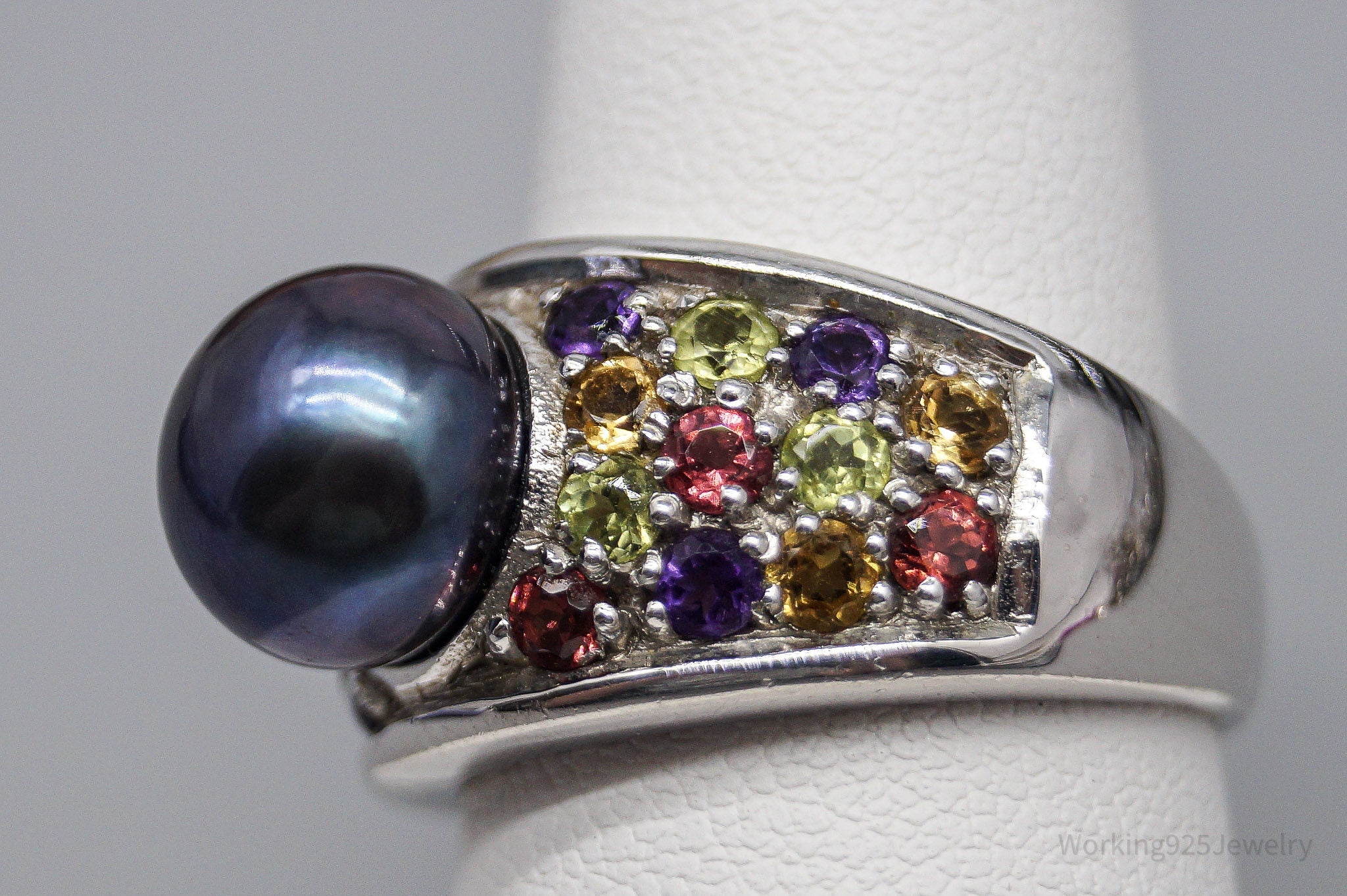 Vintage Designer Pearl & Multi Gem Sterling Silver Ring - Size 8