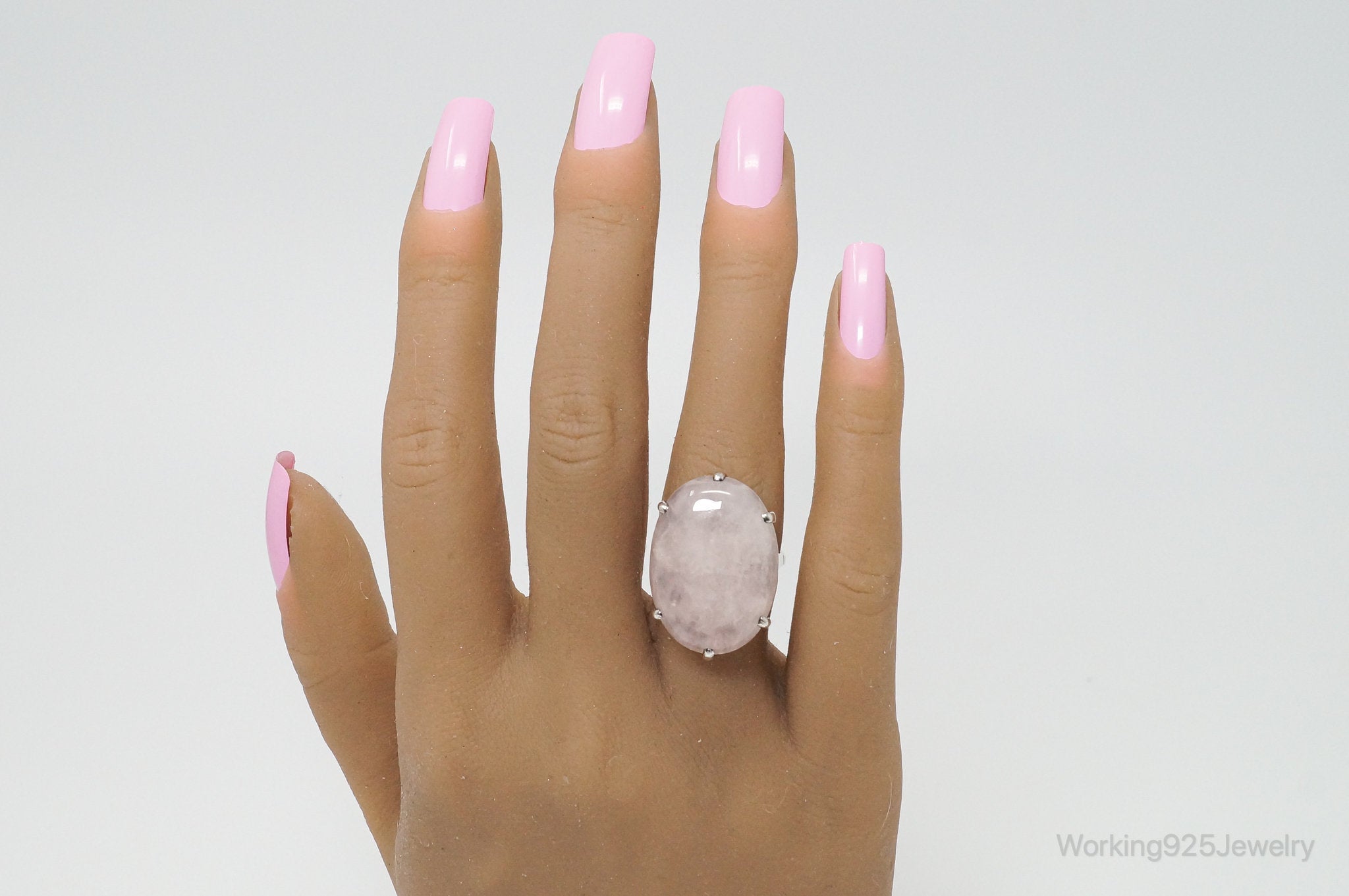Large Antique Rose Quartz Silver Statement Ring - Size 6.5