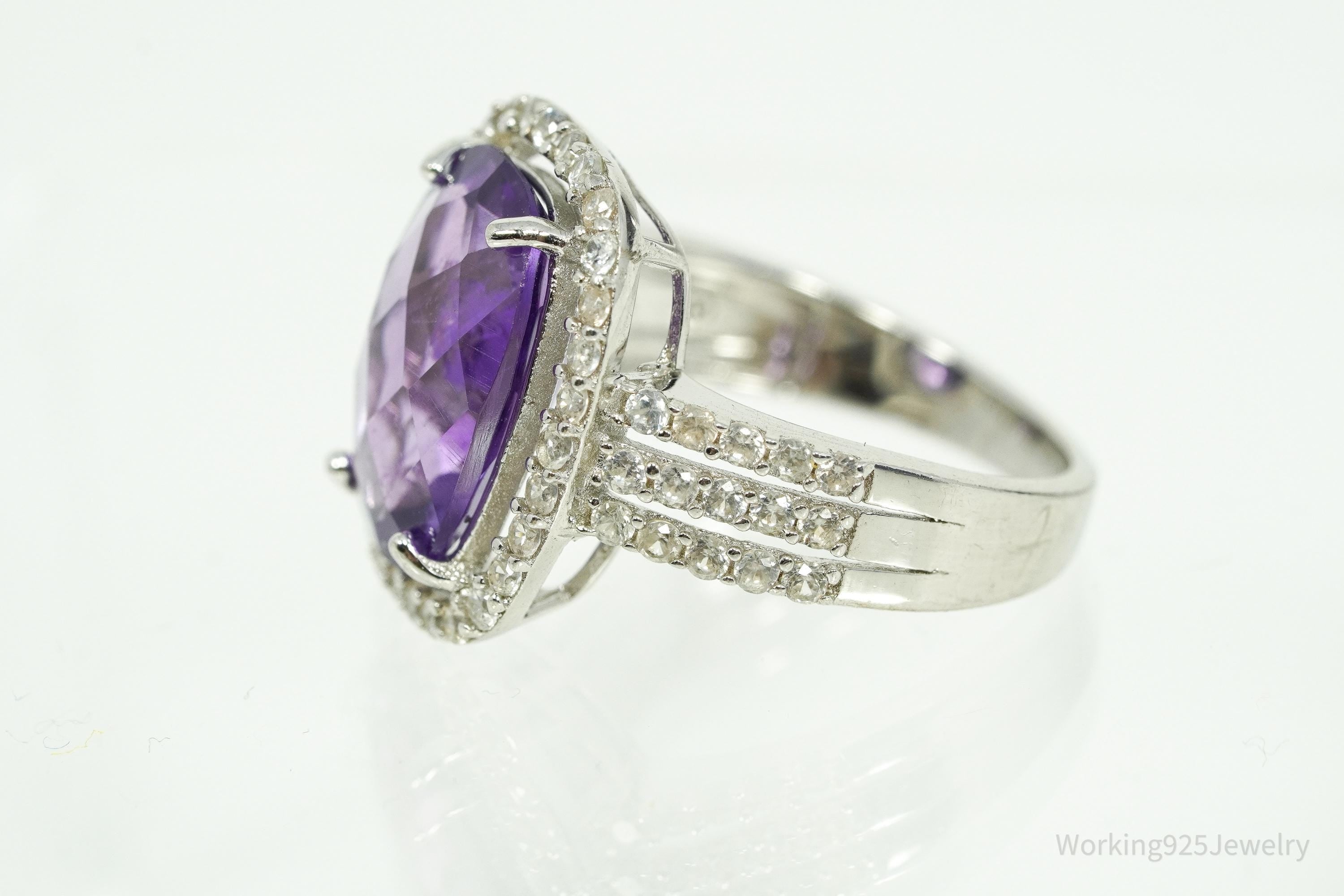 Vintage Amethyst & White Topaz Sterling Silver Ring - Size 7