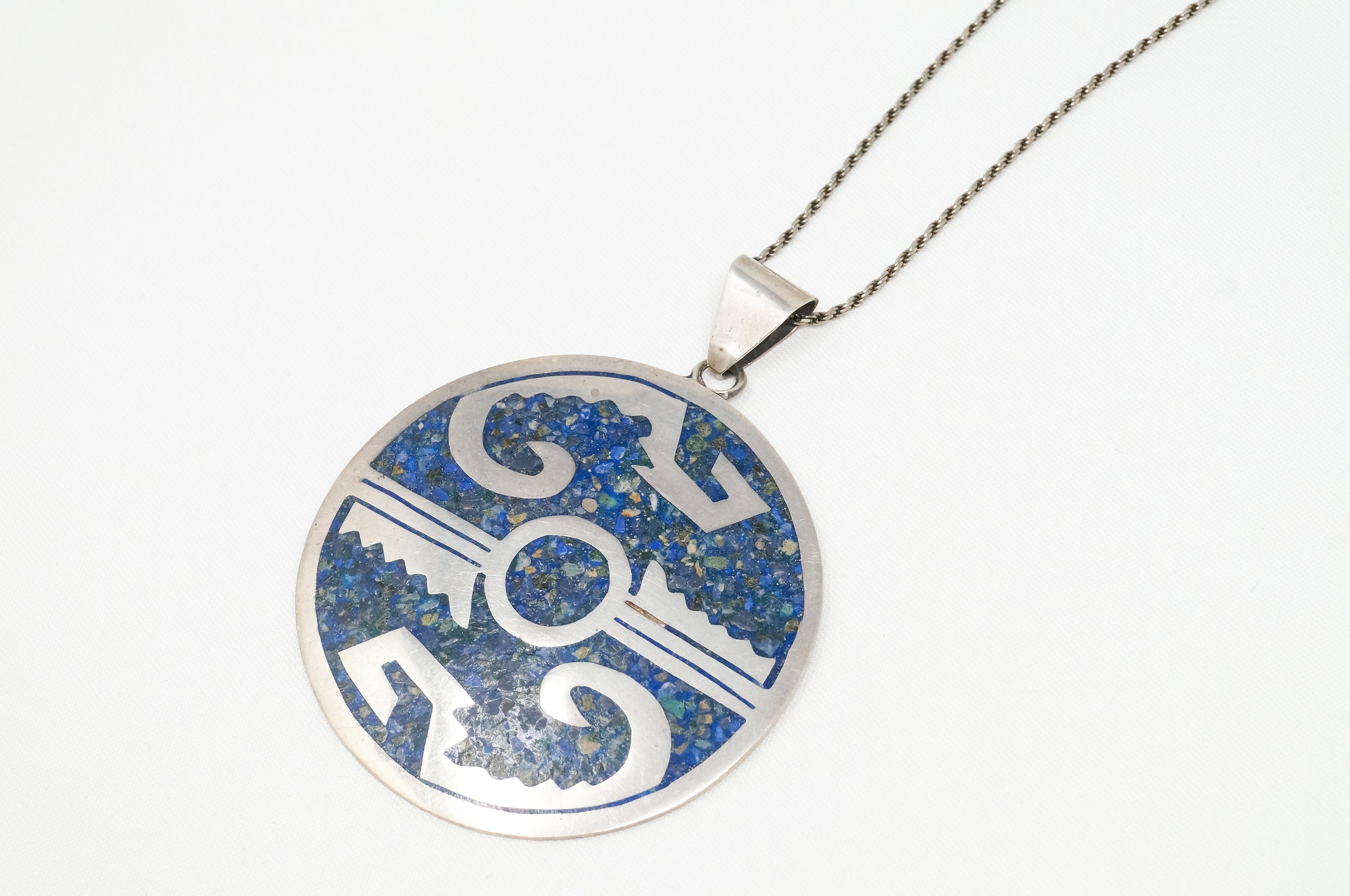 Vintage Large Mexico Handmade Lapis Lazuli Sterling Silver Aztec Necklace