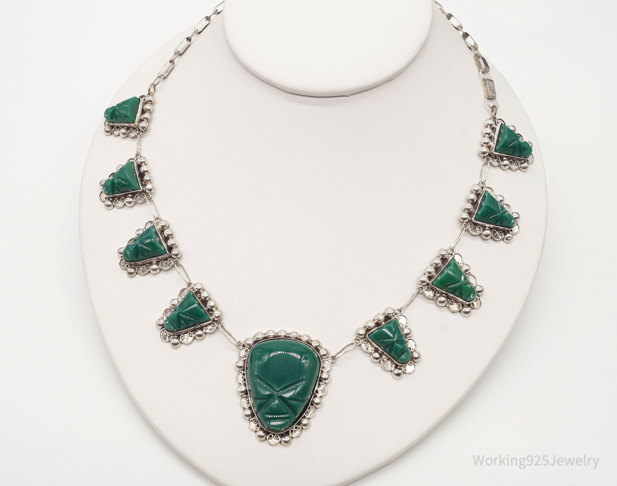 Vintage Mexico Green Onyx Carved Masks Sterling Silver Necklace