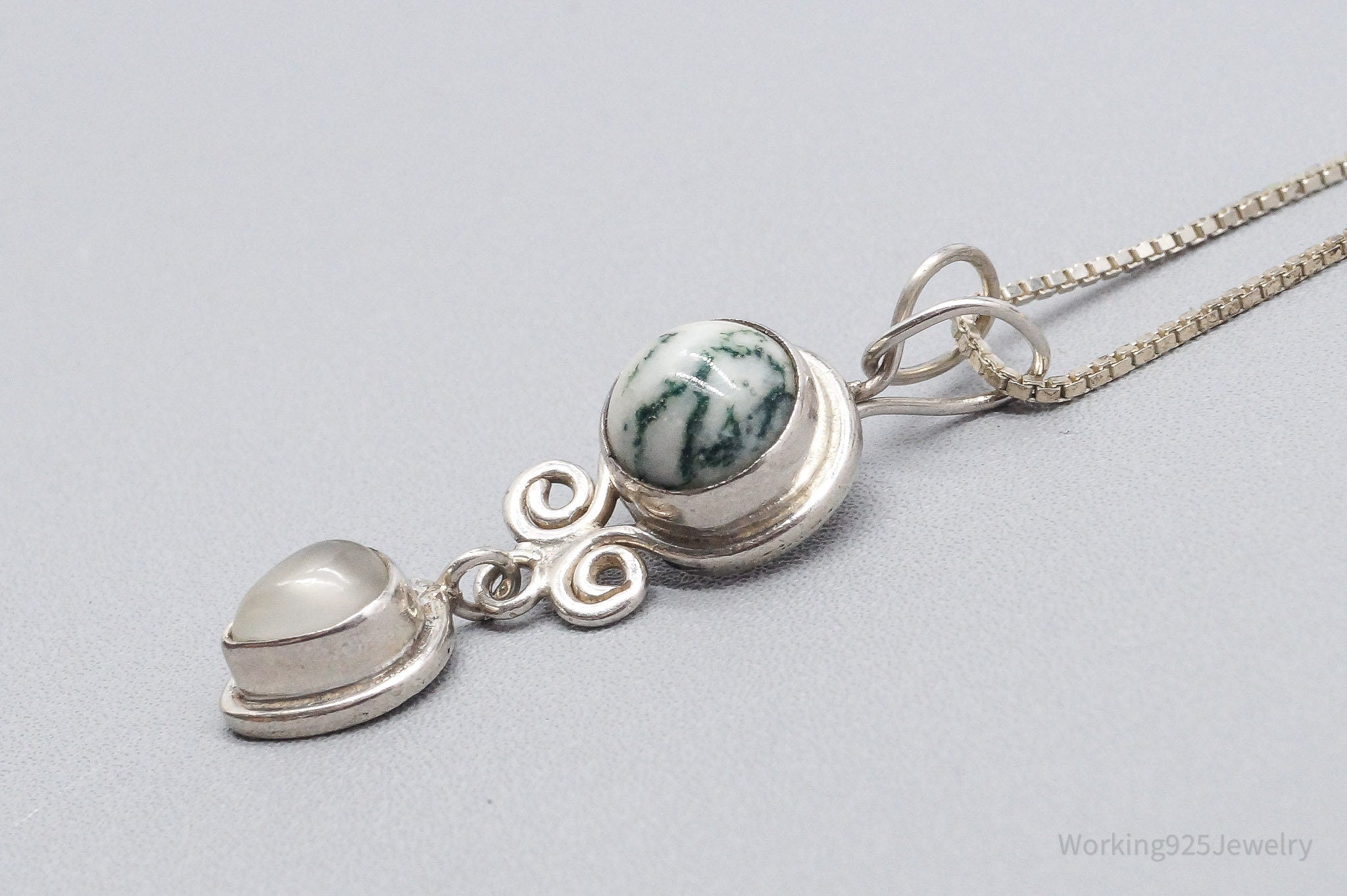 Vintage SAJEN Tree Agate & White Moonstone Sterling Silver Necklace 18"