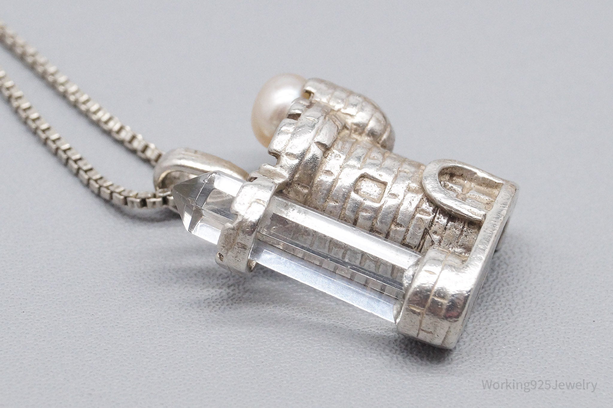 Vintage Pearl & Crystal Castle Sterling Silver Necklace 18"