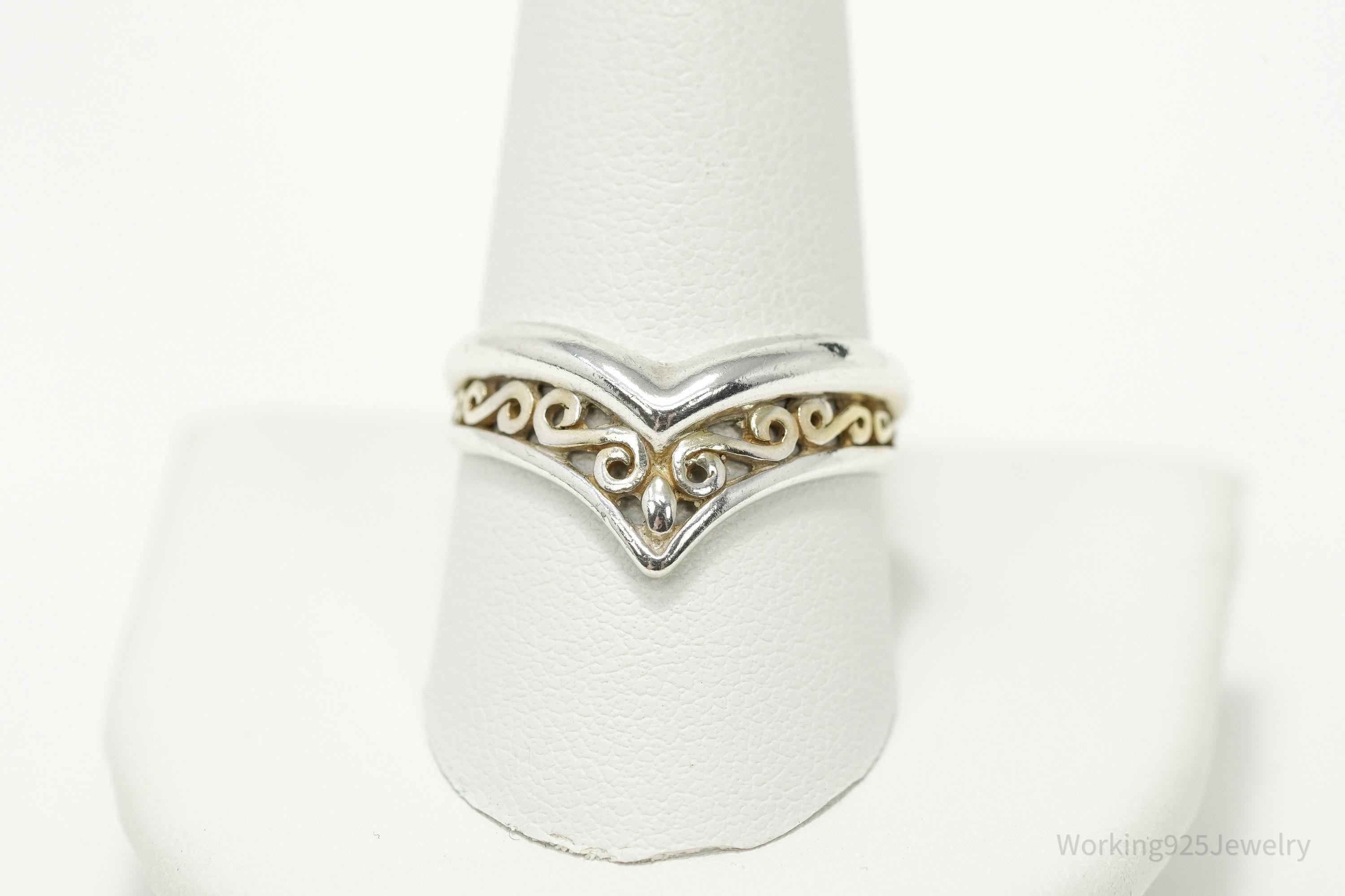 Vintage Gold Washed Scrolls Sterling Silver Ring - Size 10