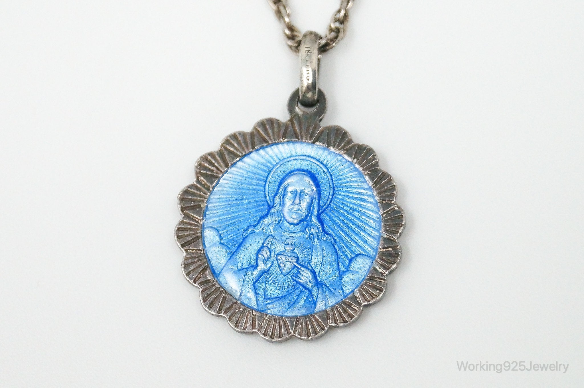 Vintage French Mother Mary Jesus Blue Enamel Sterling Silver Necklace