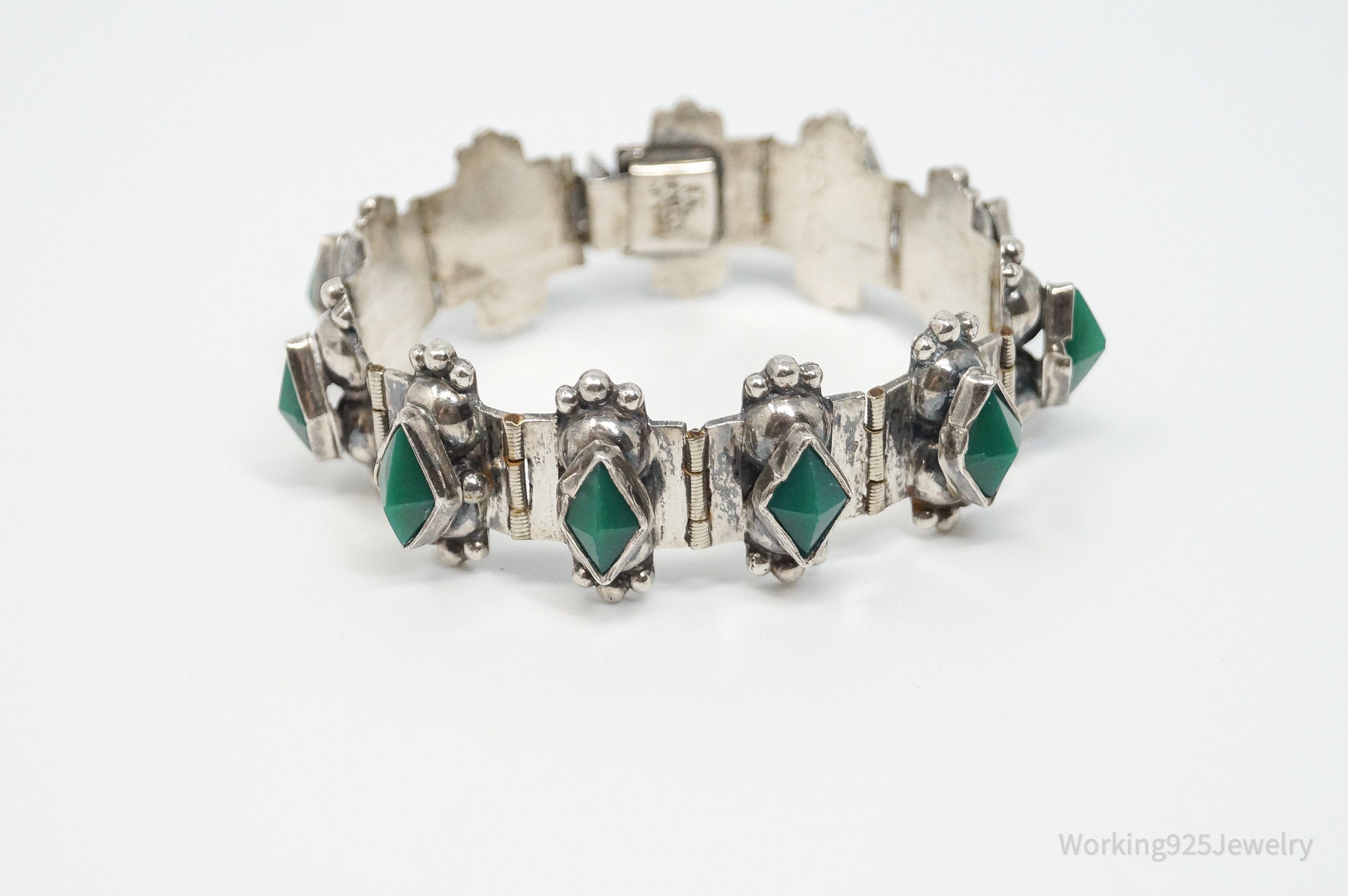 Vintage Mexico Handmade Green Onyx Sterling Silver Panel Bracelet