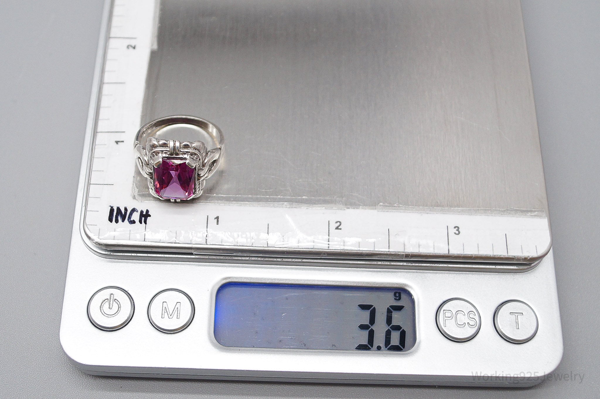 Antique Art Deco Pink Stone Sterling Silver Ring - Size 6.25