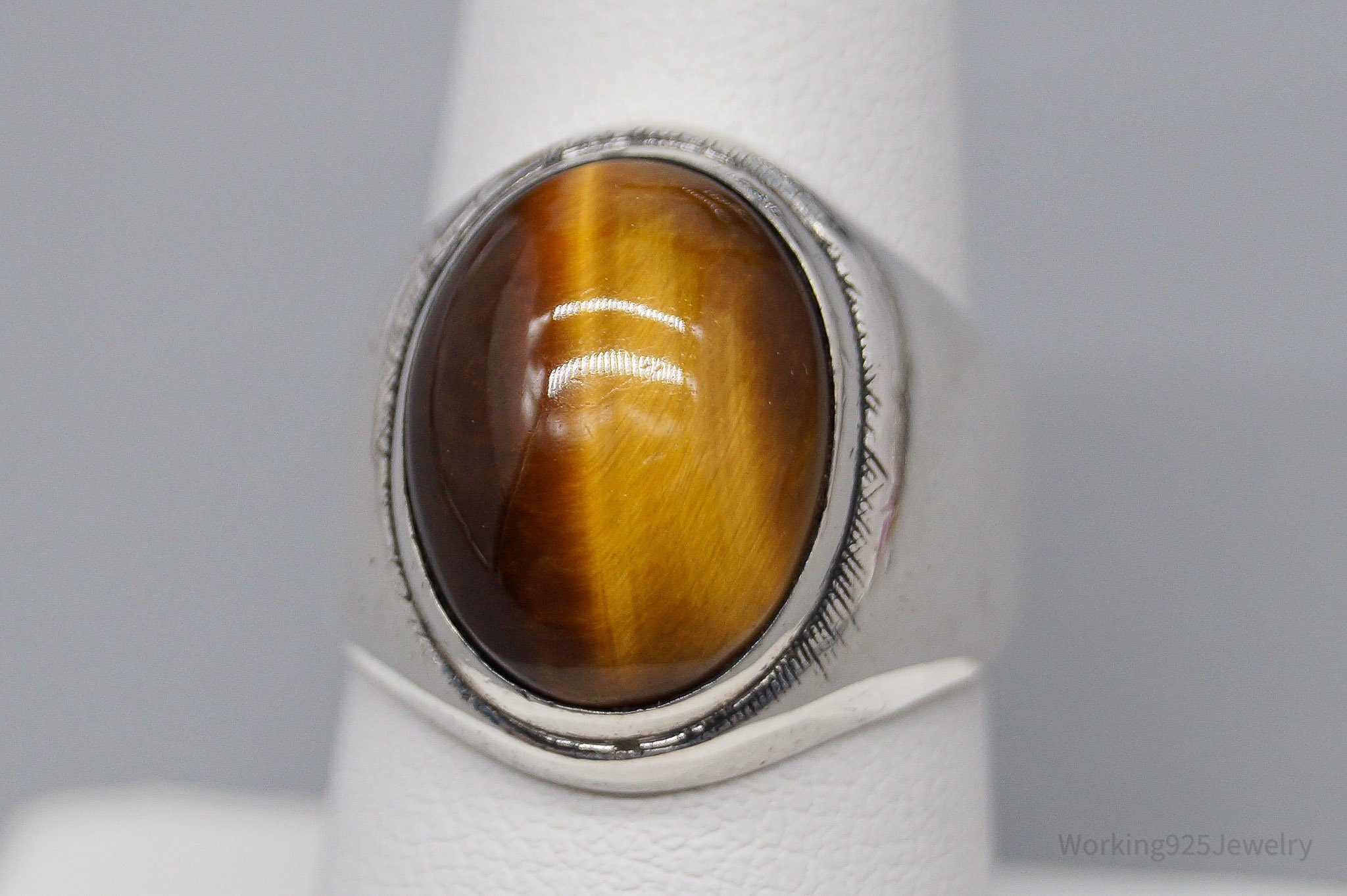 Antique Large Tigers Eye Sterling Silver Ring - Size 8