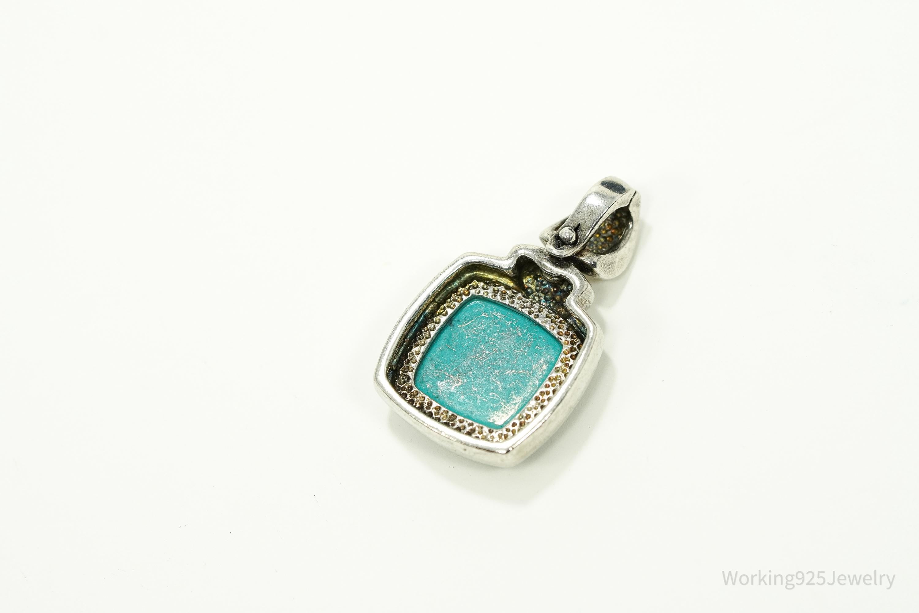 Vintage Blue Turquoise Sterling Silver Pendant 1.25"