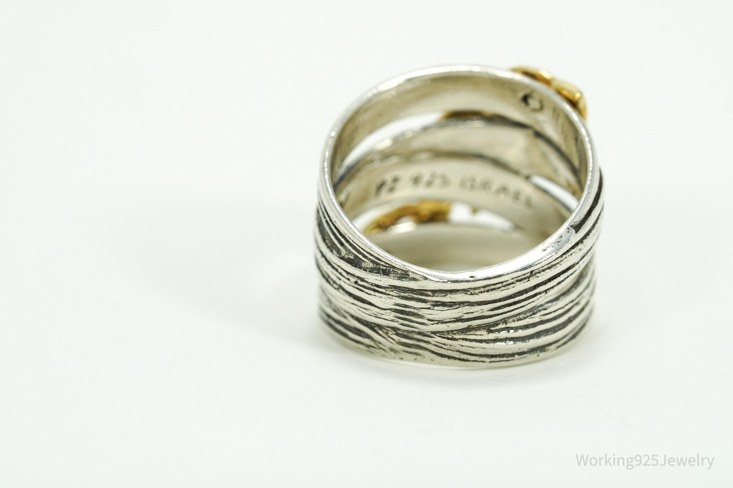 Vintage Israel Designer Paz Gold Vermeil Leaves Sterling Silver Ring Size 6.75