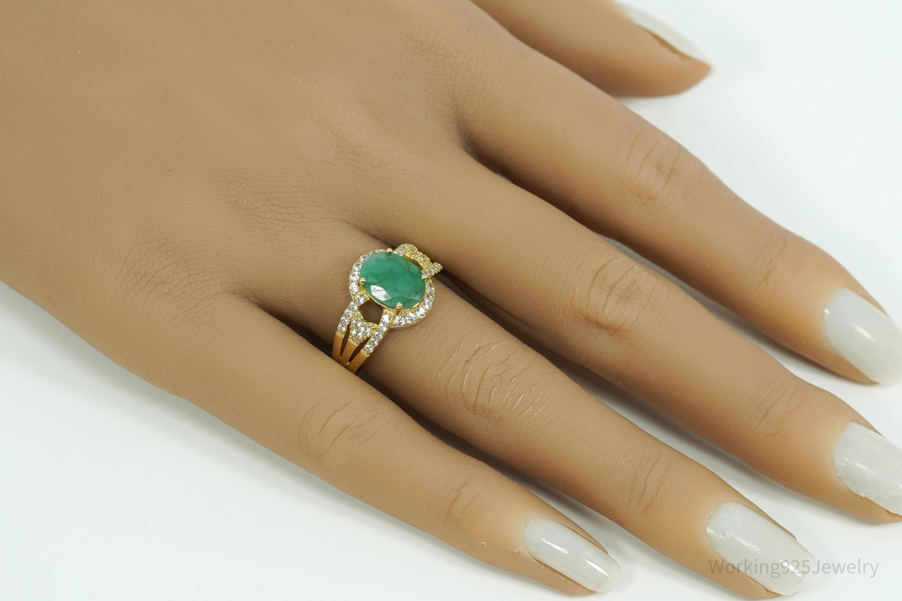 Vintage Emerald & White Topaz Gold Vermeil Sterling Silver Ring Size 8