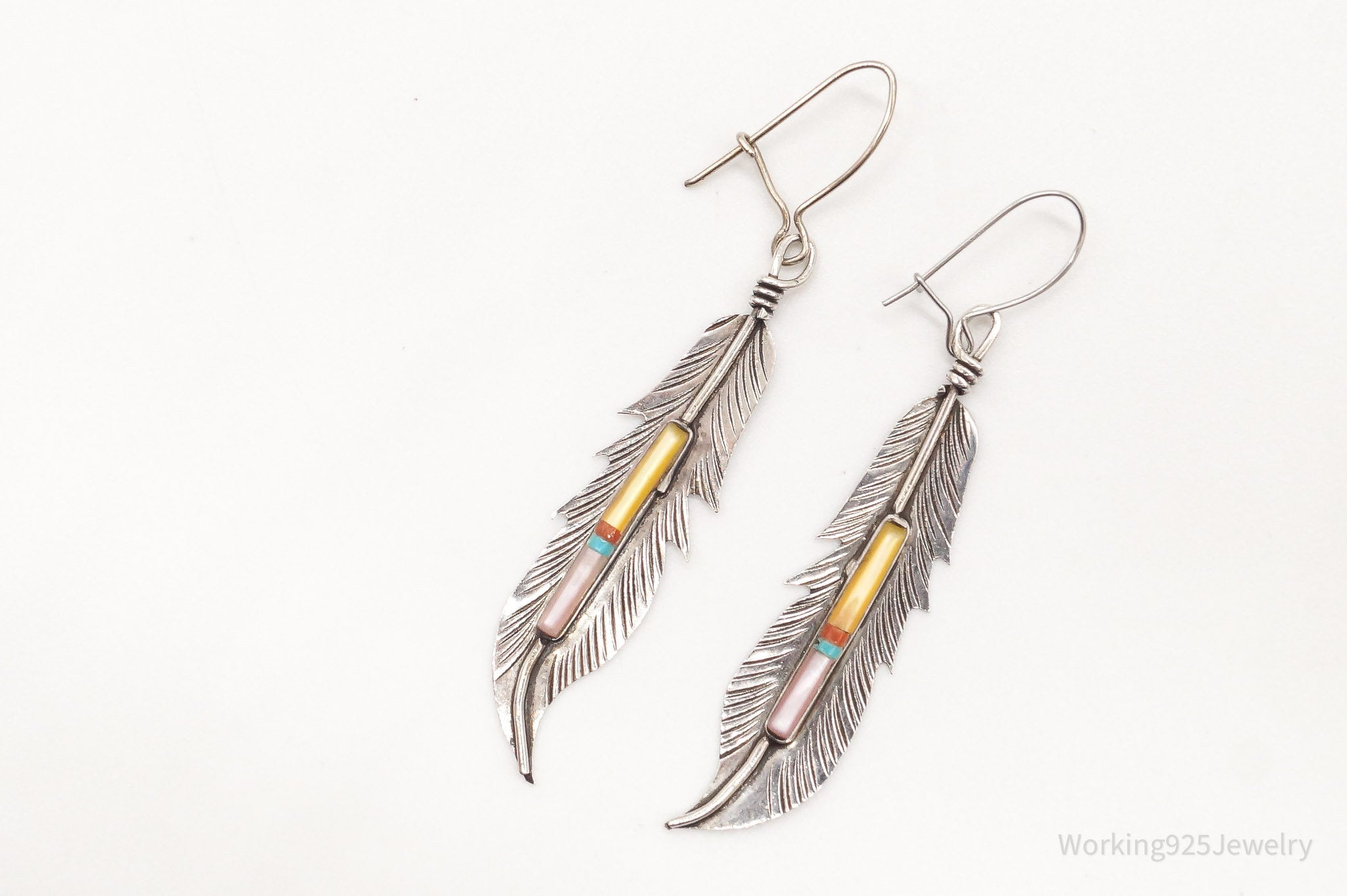 Vintage Native American Multi Gemstone Silver Feather Earrings