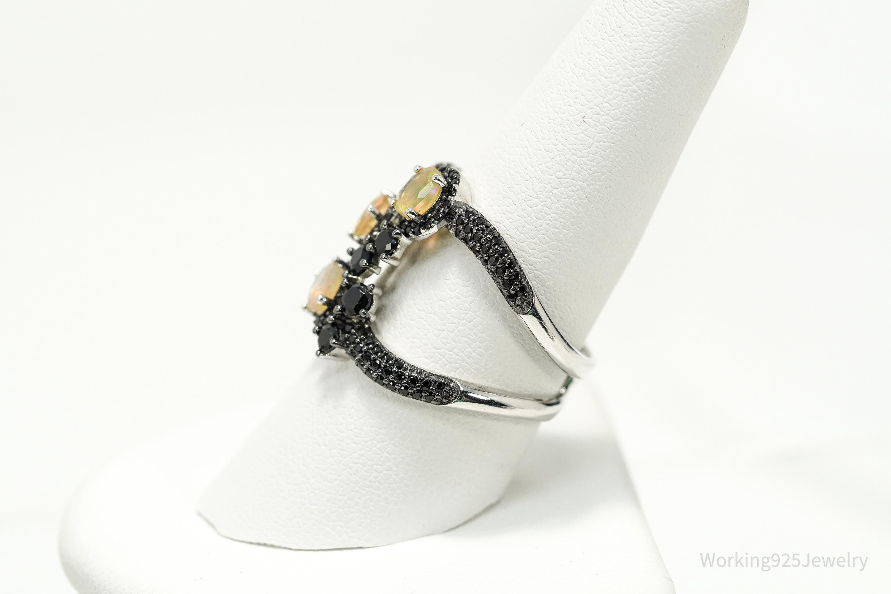 Vintage Opal & Black Spinel Sterling Silver Statement Ring – Size 9