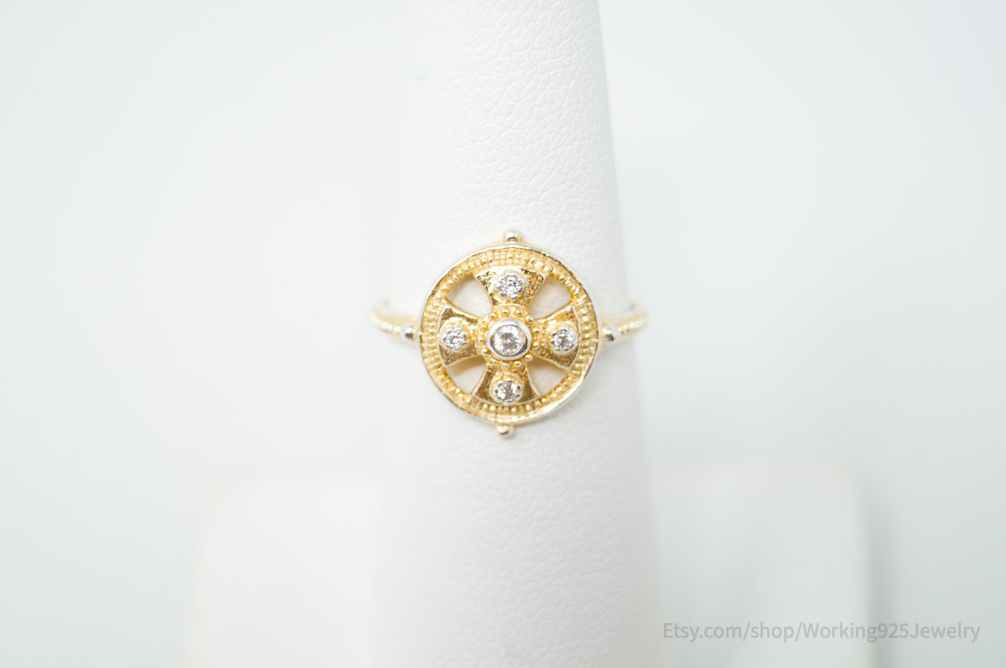 Vintage Deco Gold Vermeil Cubic Zirconia Sterling Silver Ring - Size 6