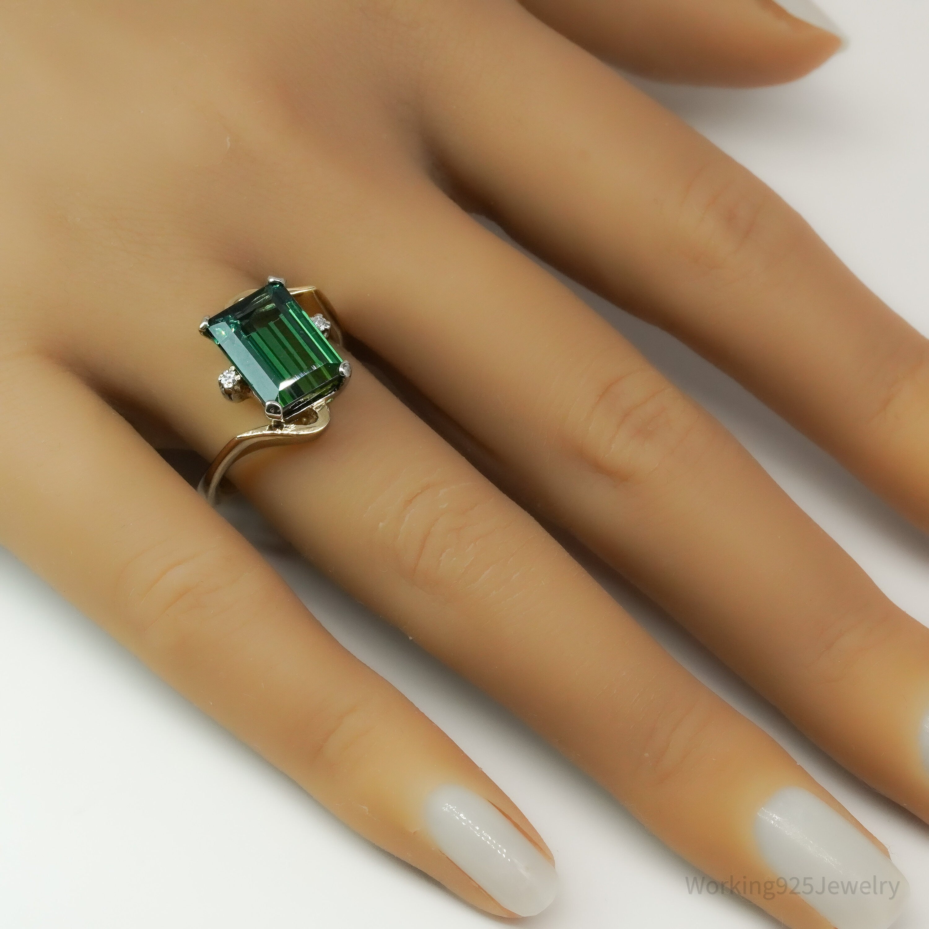 14K Yellow Gold, Green Tourmaline, And Diamond Ring - Size 7.25