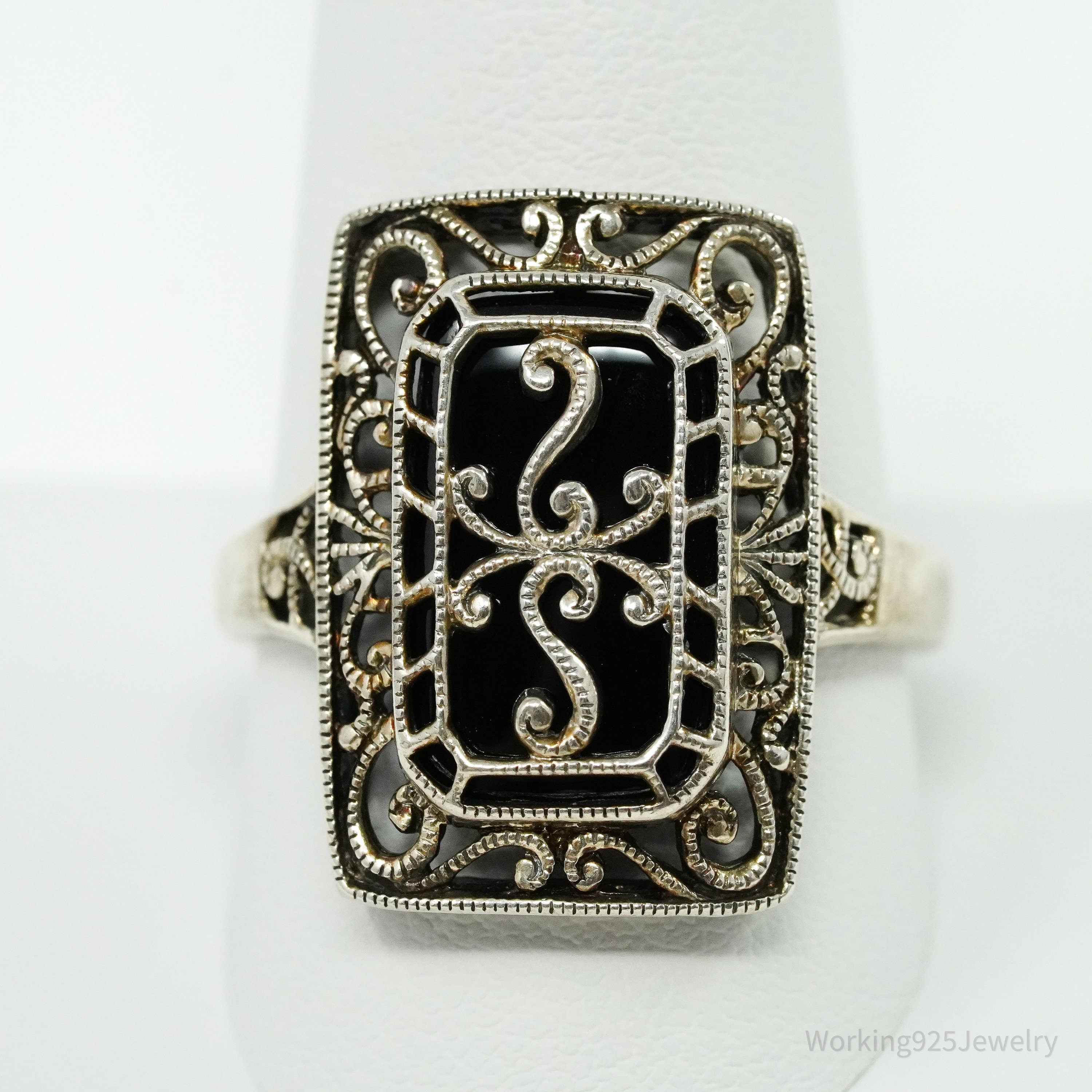 Vintage Black Onyx Scrolls & Swirls Sterling Silver Ring - Size 11.25
