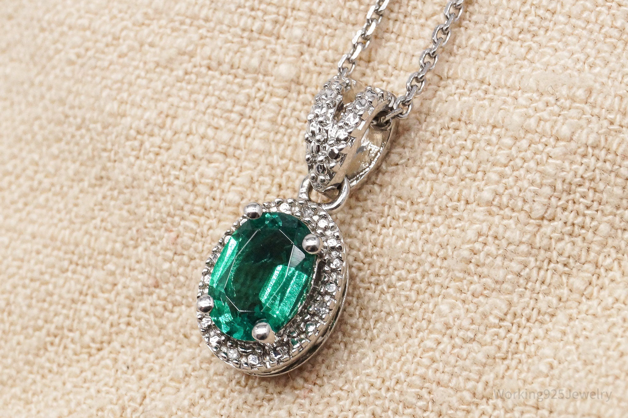 Vintage Lab Emerald Diamond Sterling Silver Necklace 22" Adjustable