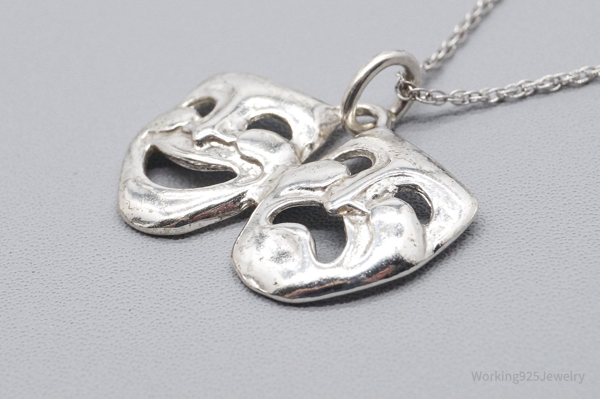 Vintage Tragedy Comedy Masks Sterling Silver Necklace 18"