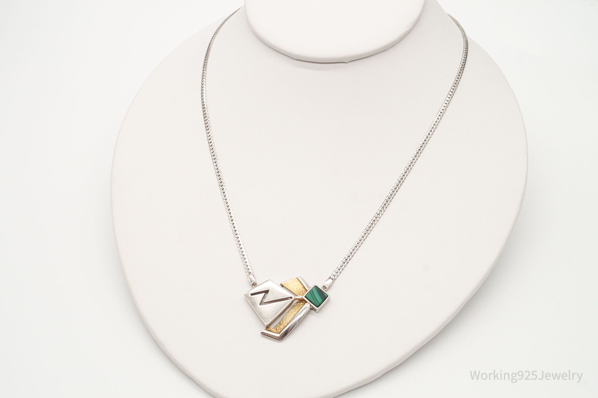 Vintage Malachite Modernist Gold Vermeil Sterling Silver Necklace