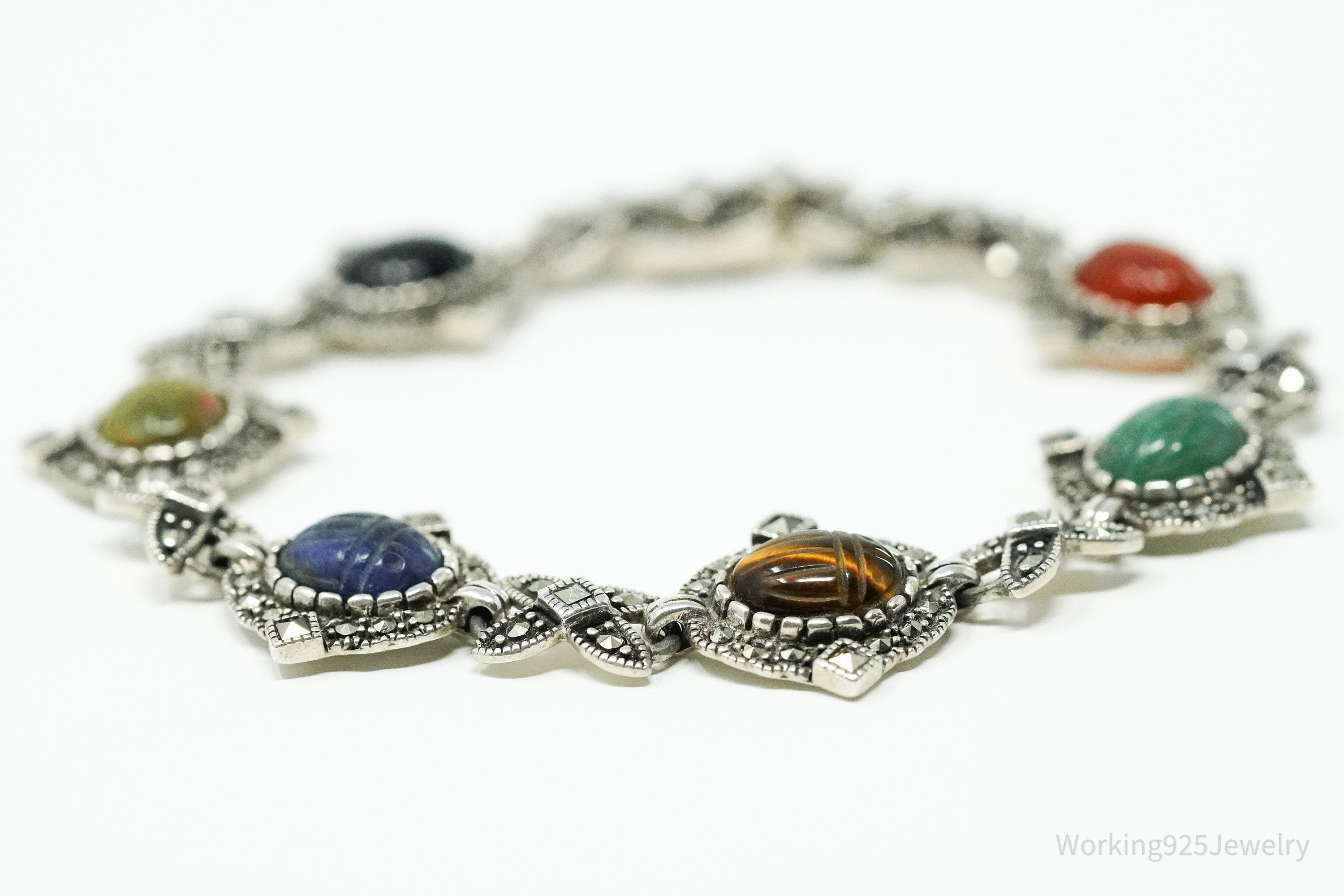 Vintage Carved Scarab Multiple Gemstone Sterling Silver Bracelet 7.5"