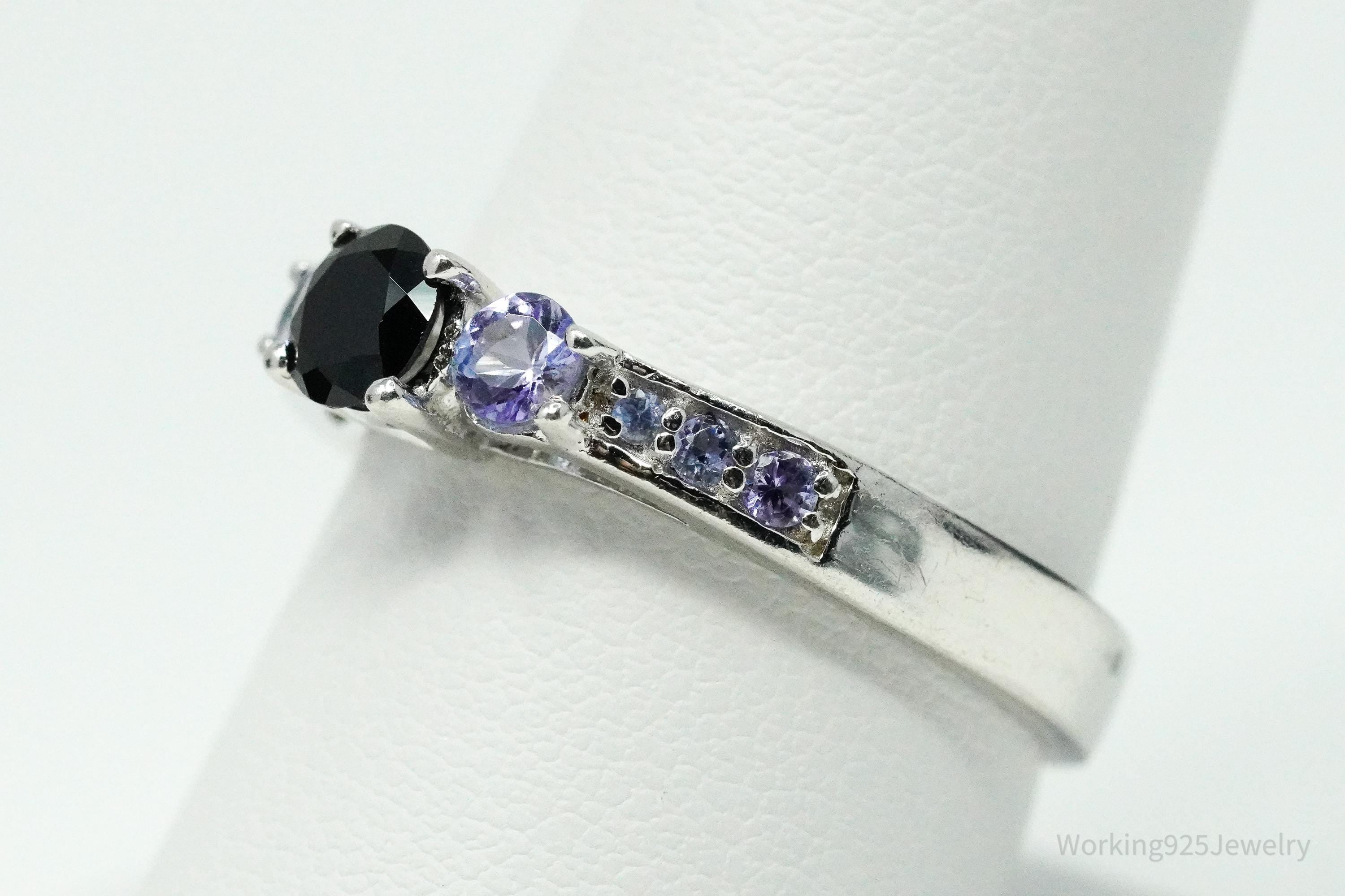 Vintage Black Tourmaline & Tanzanite Sterling Silver Ring - Size 9