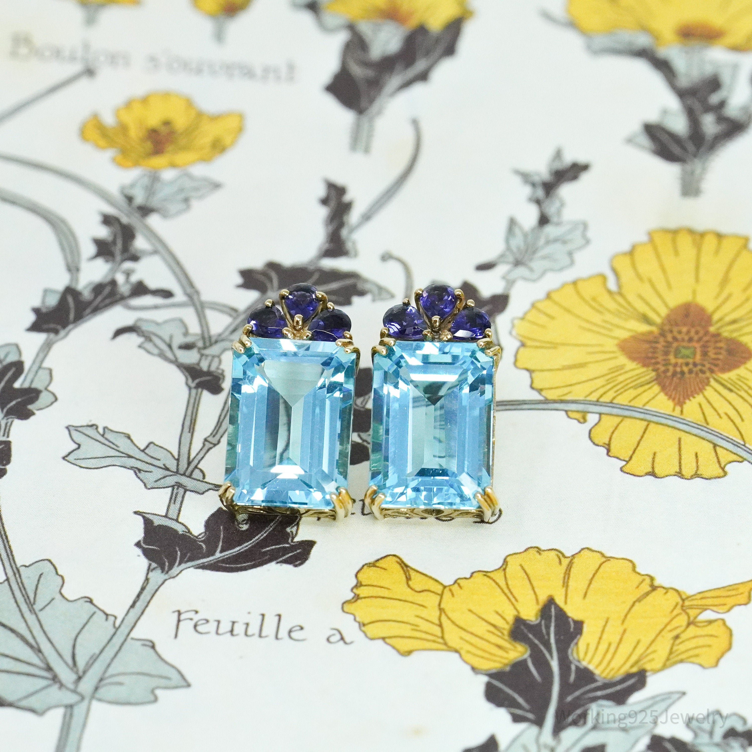 14K Yellow Gold, Natural Blue Topaz, & Natural Iolite Earrings