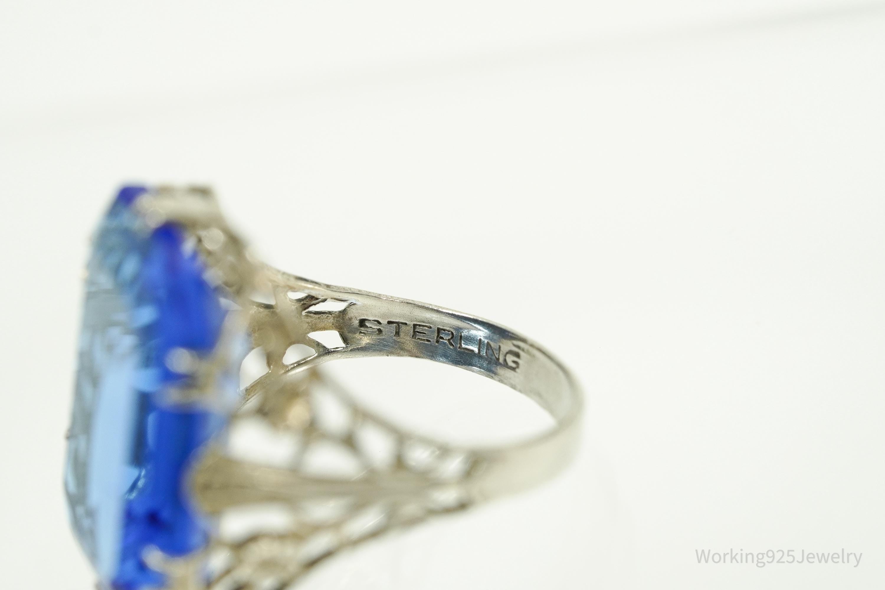 Antique Blue Art Glass Sterling Silver Ring - Size 5.25