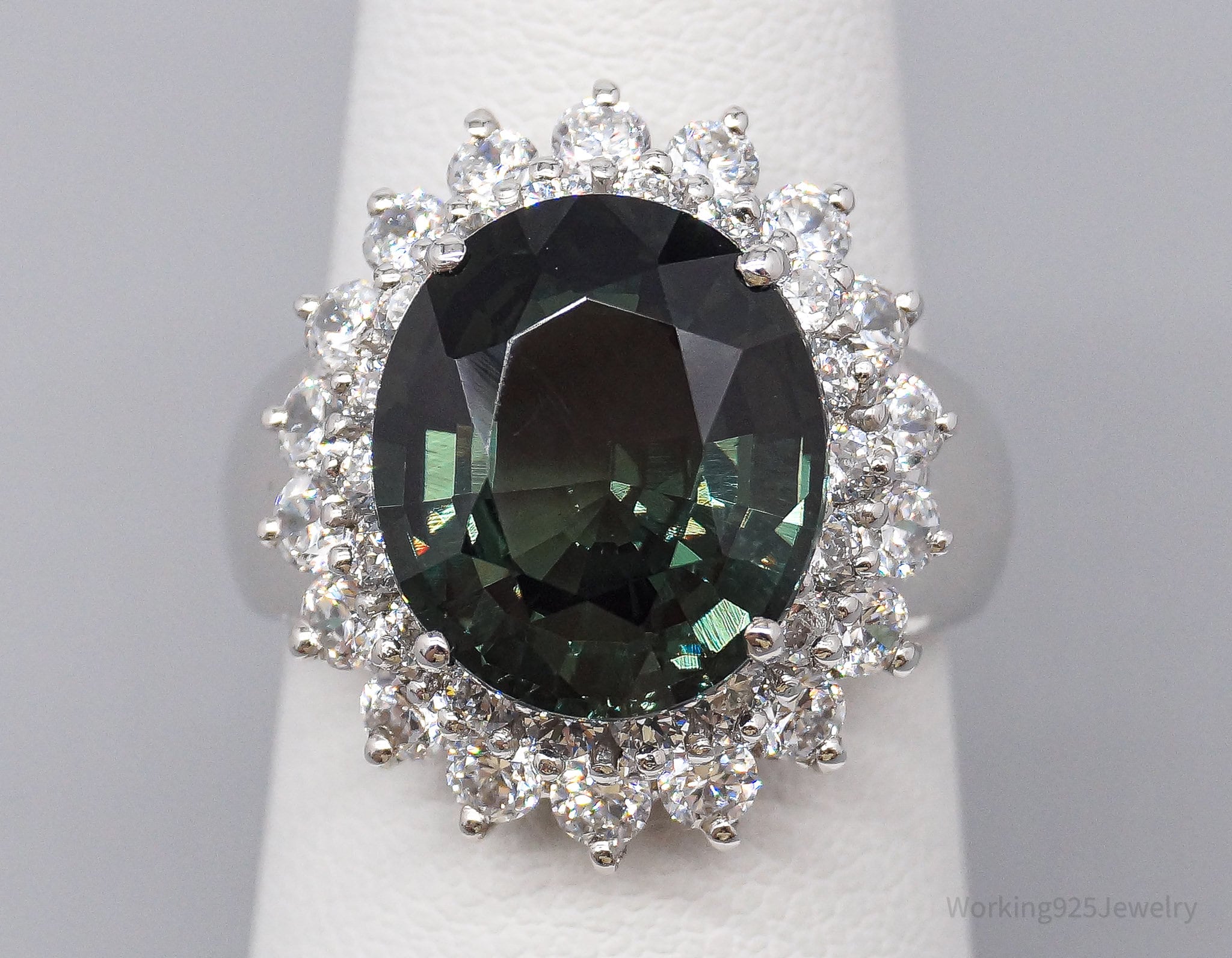 Large Lab Bluish Green Spinel & Cubic Zirconia Sterling Silver Ring Size 6.5