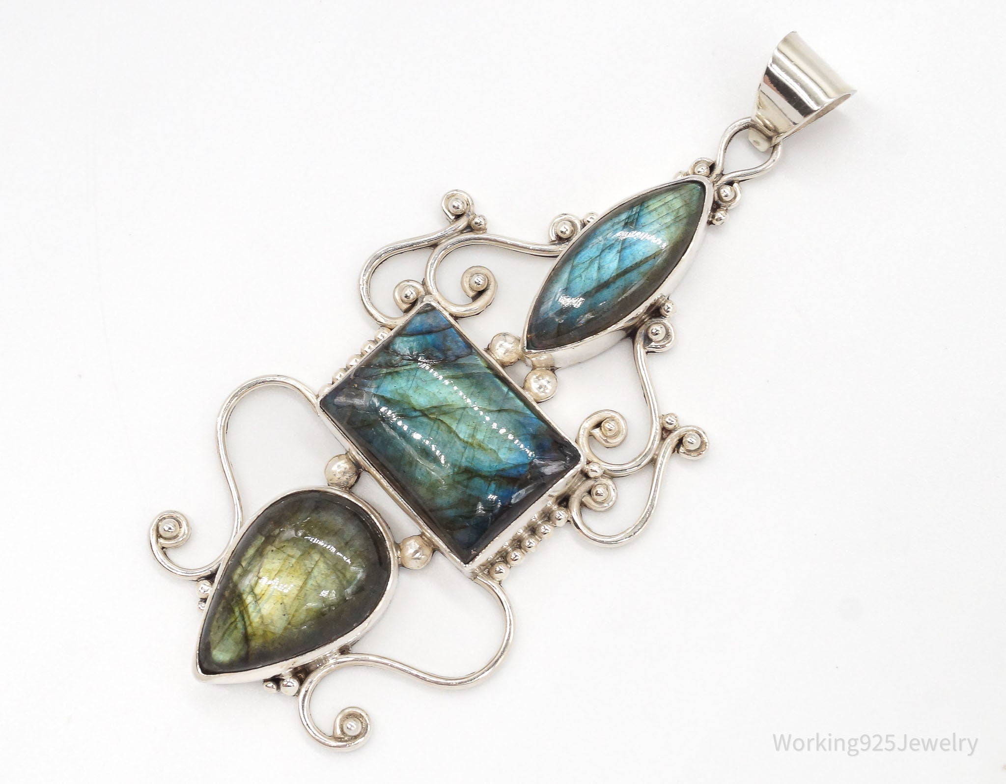 Vintage Large Labradorite Sterling Silver Necklace Pendant