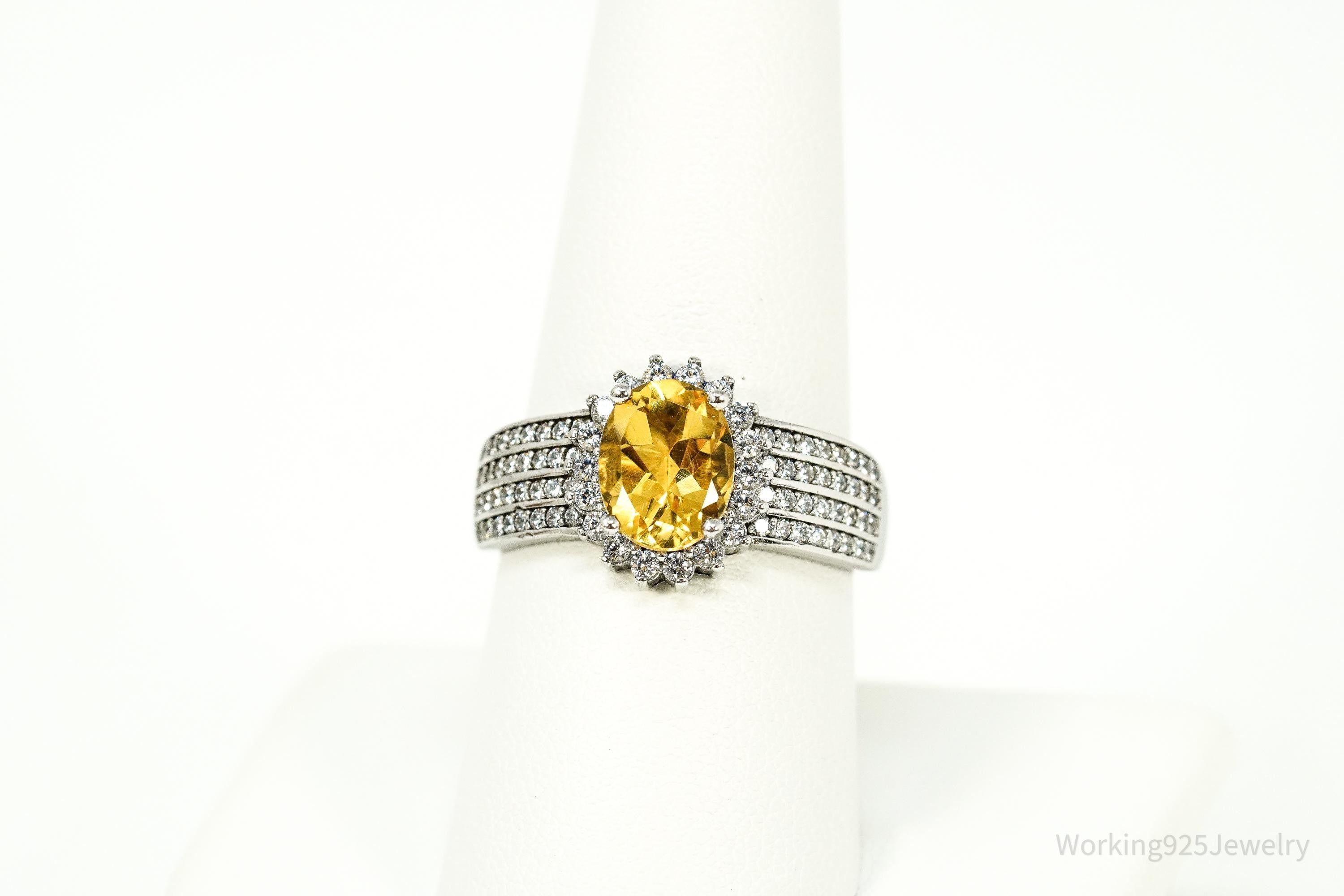 Vintage Citrine & Cubic Zirconia Sterling Silver Ring - Size 9