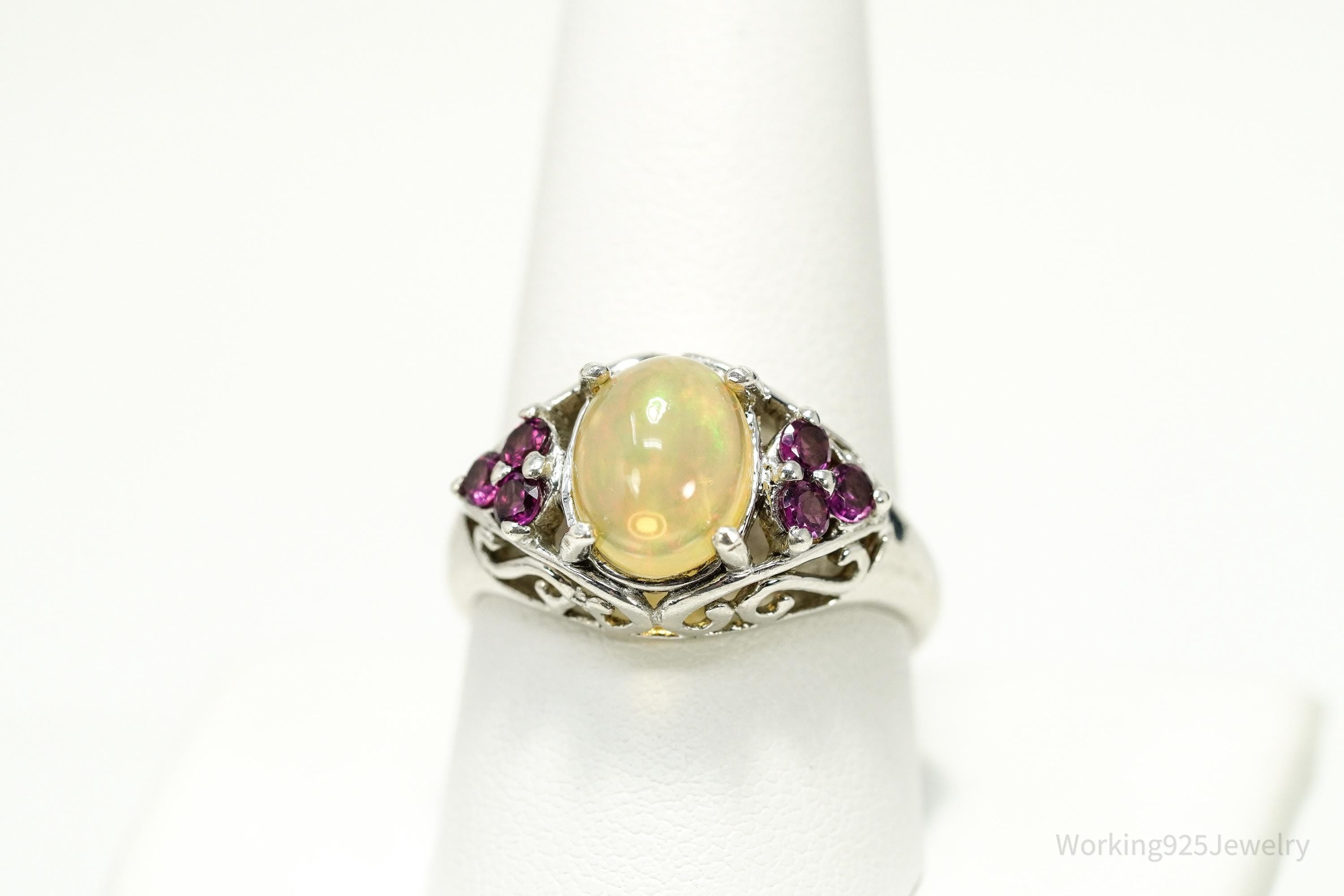 Vintage Ethiopian Opal & Rhodolite Garnet Sterling Silver Ring - Size 10