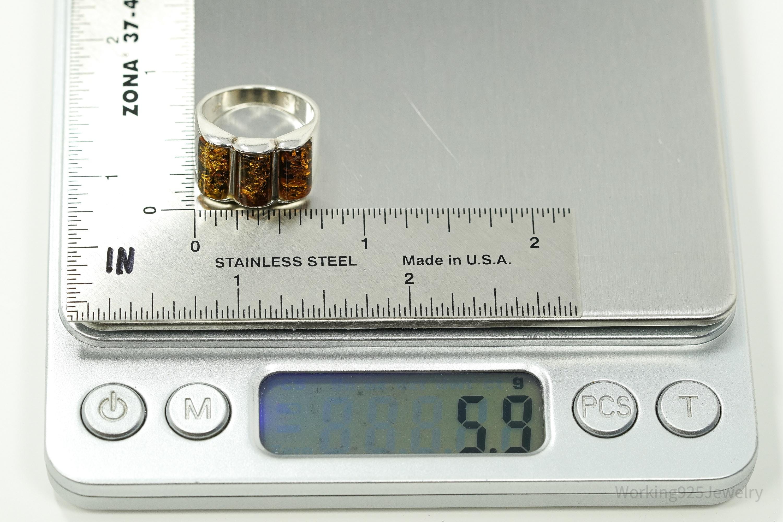 Vintage Amber Modernist Style Sterling Silver Ring - Size 6