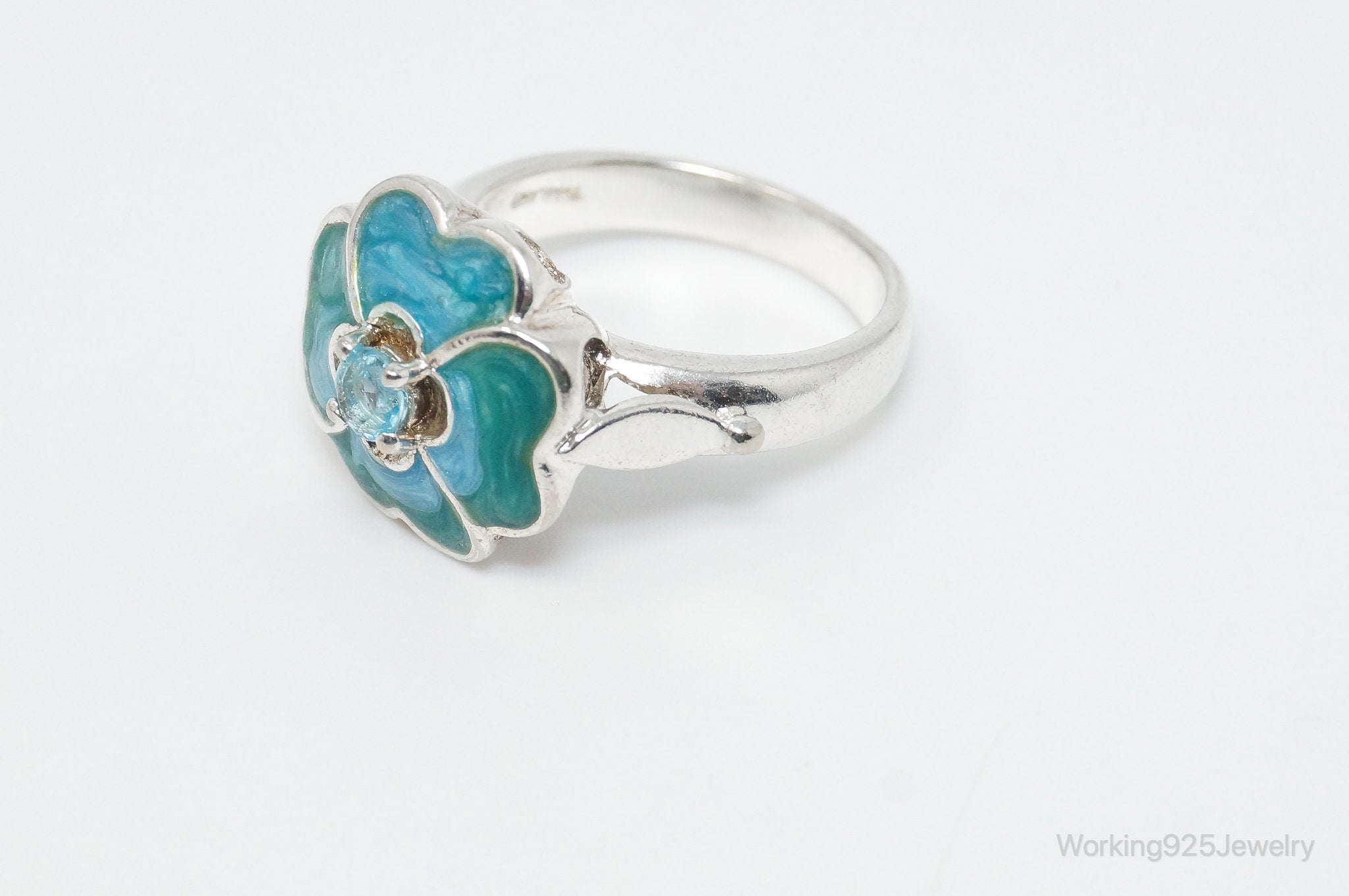 Vintage Blue CZ Blue Enamel Flower Southwestern Sterling Silver Ring - Size 8