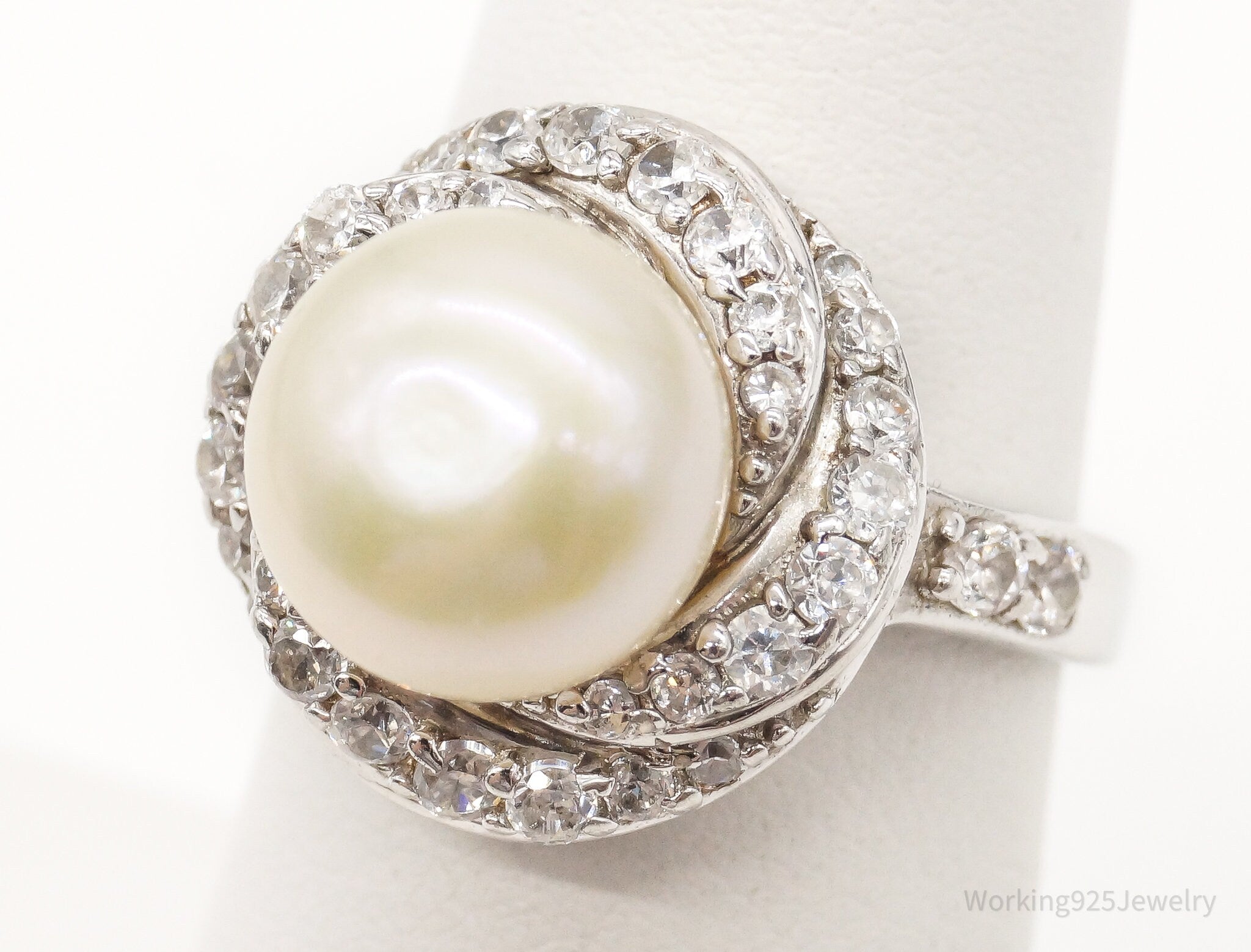 Vintage Pearl Cubic Zirconia Sterling Silver Ring - Size 6