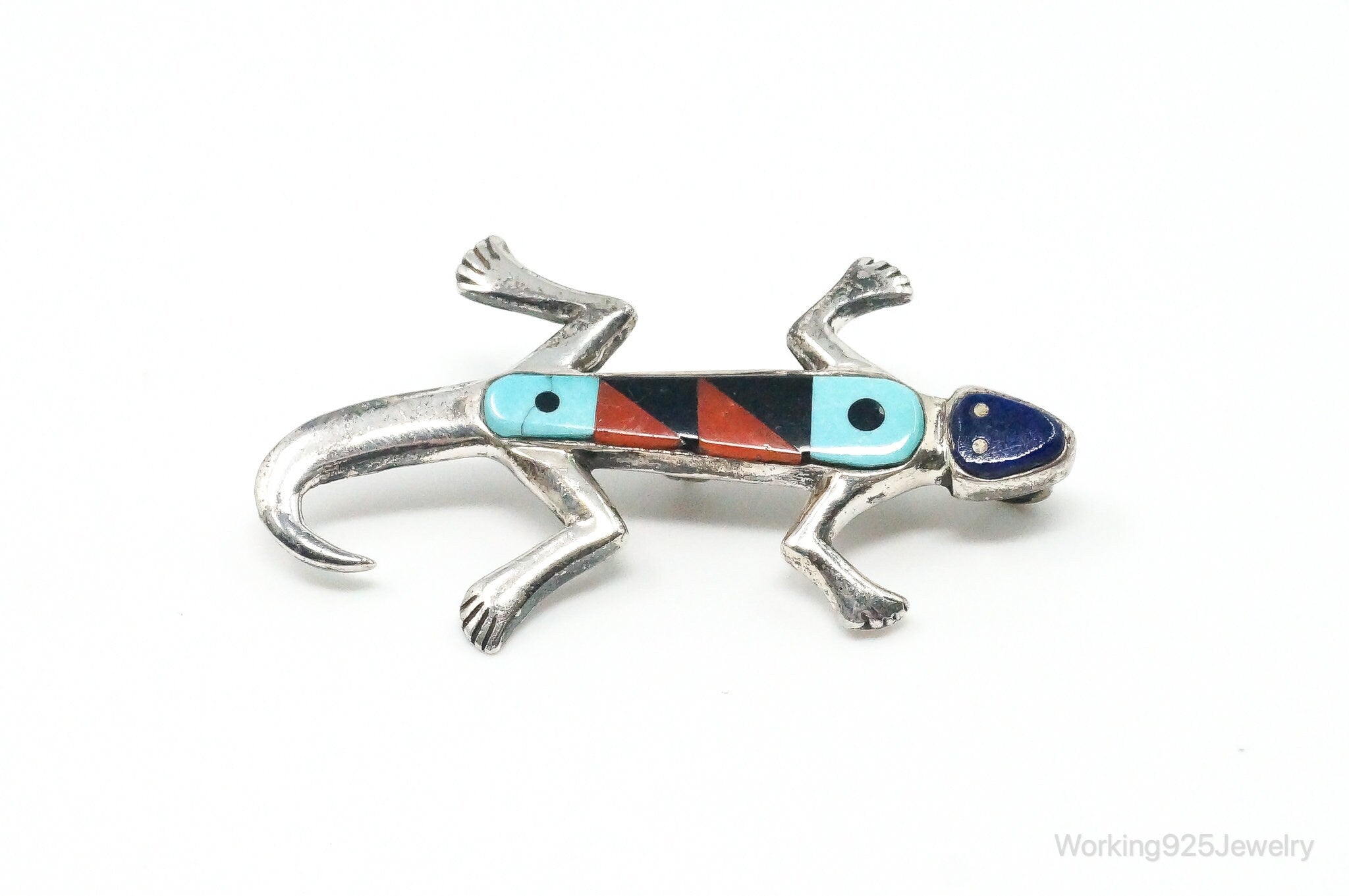 Vintage Native American Multi Gem Inlay Lizard Sterling Silver Pendant Pin