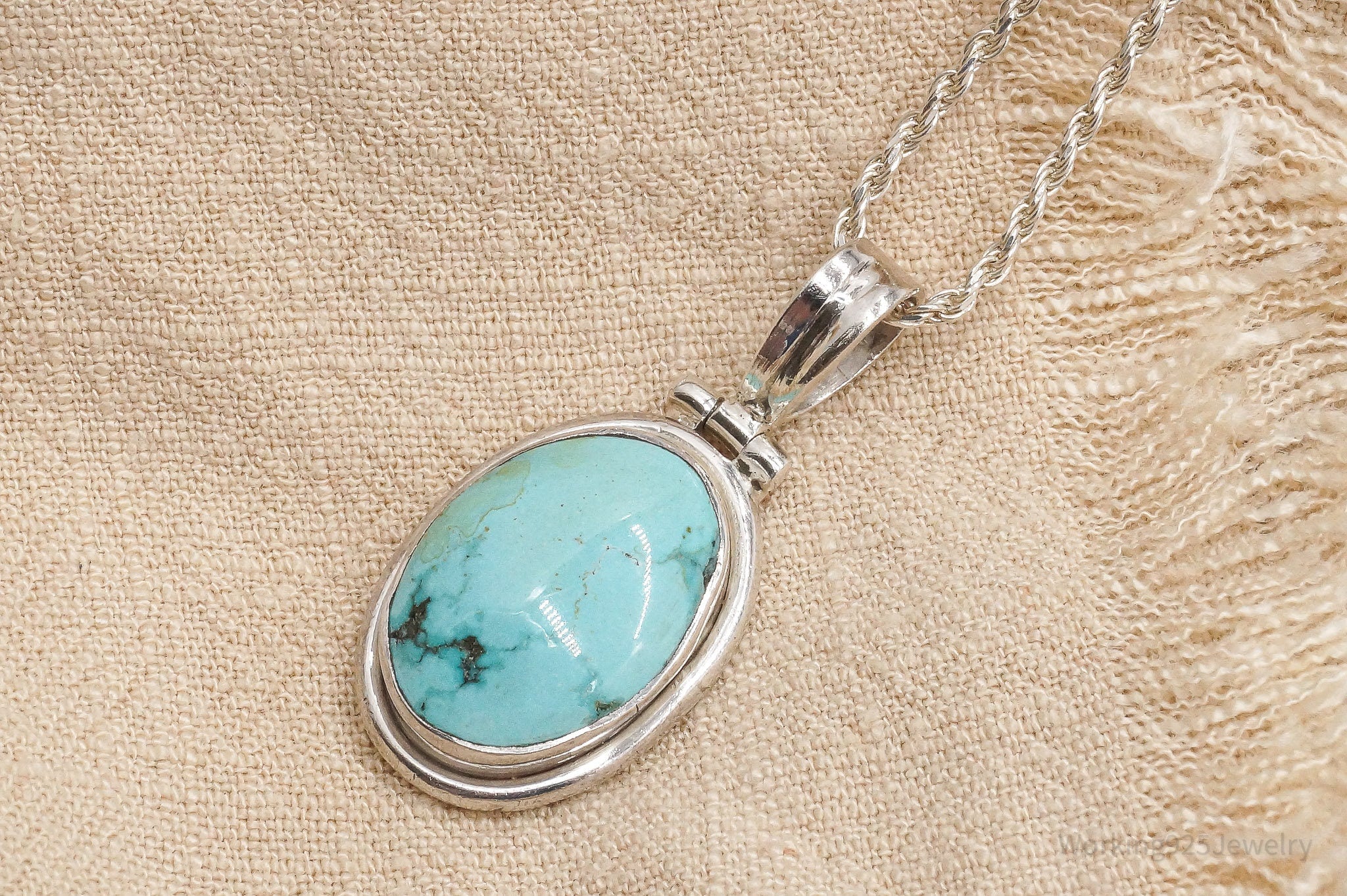 Vintage Large Blue Turquoise Pendant Sterling Silver Necklace 30"