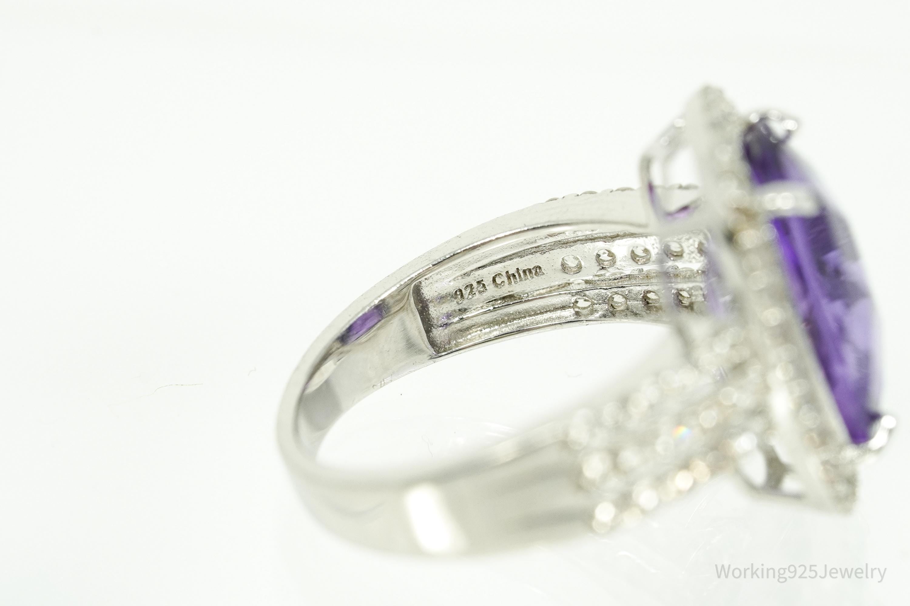 Vintage Amethyst & White Topaz Sterling Silver Ring - Size 7