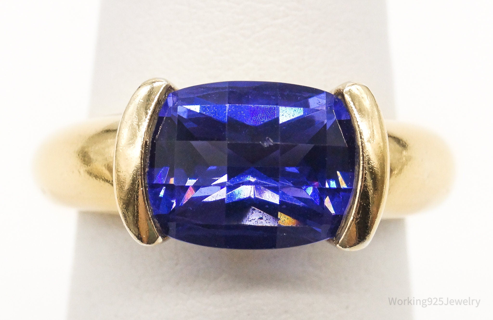 Vintage Large Blue Cubic Zirconia Gold Vermeil Sterling Silver Ring - Size 6