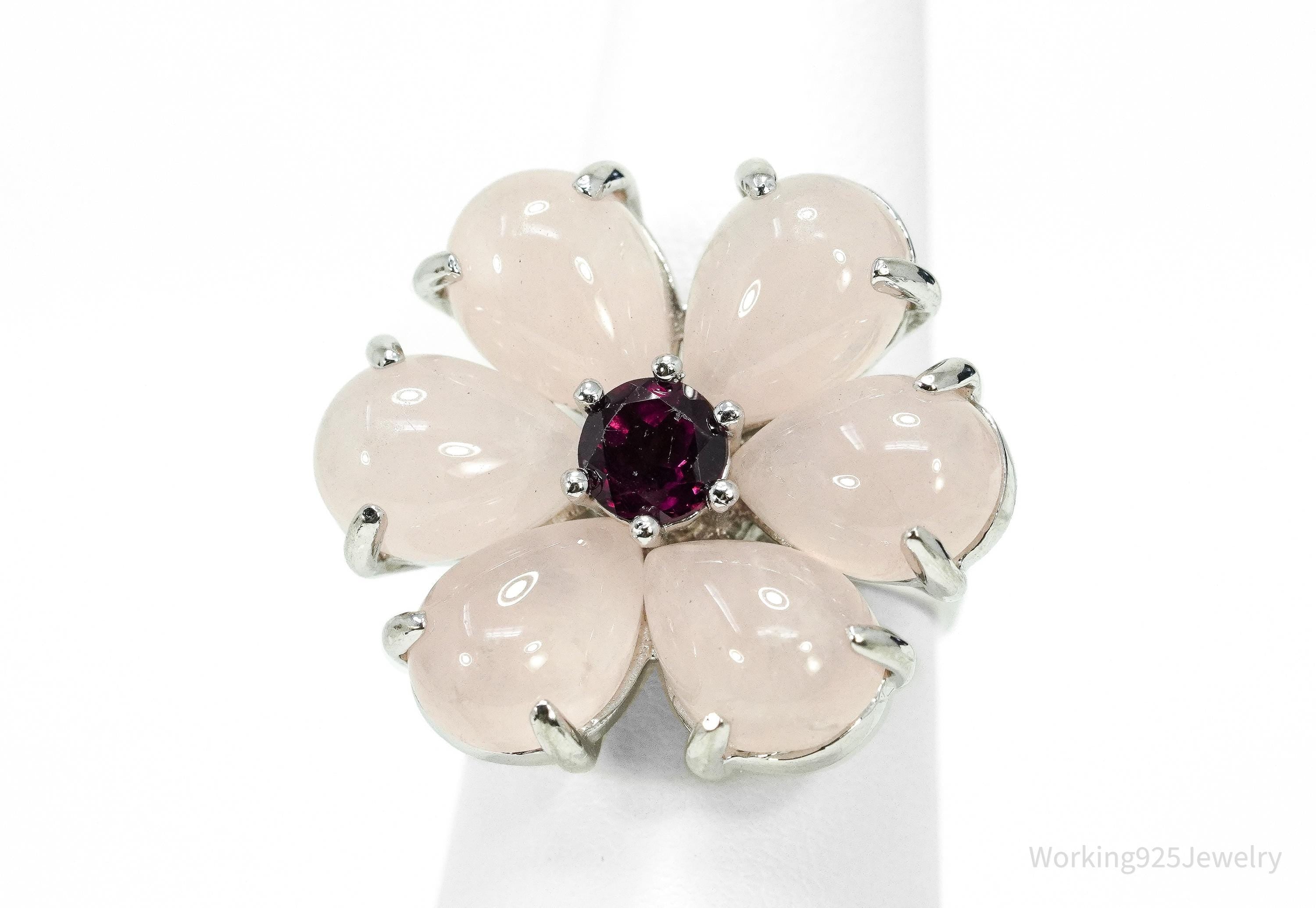 Rose Quartz & Rhodolite Garnet Sterling Silver Flower Ring - Size 7