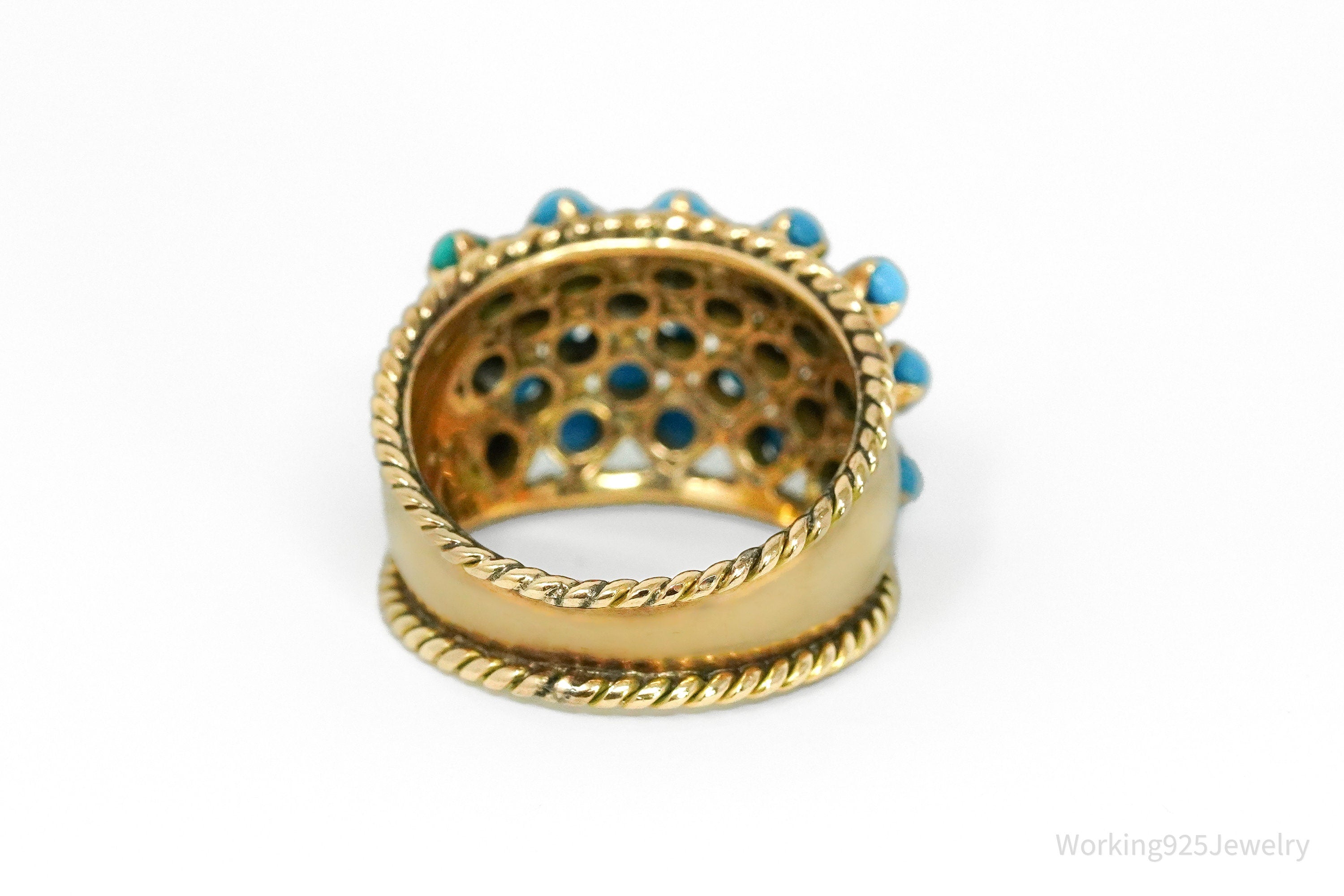 14K Yellow Gold & Turquoise Glass Cabochon Cocktail Ring - Size 6.25
