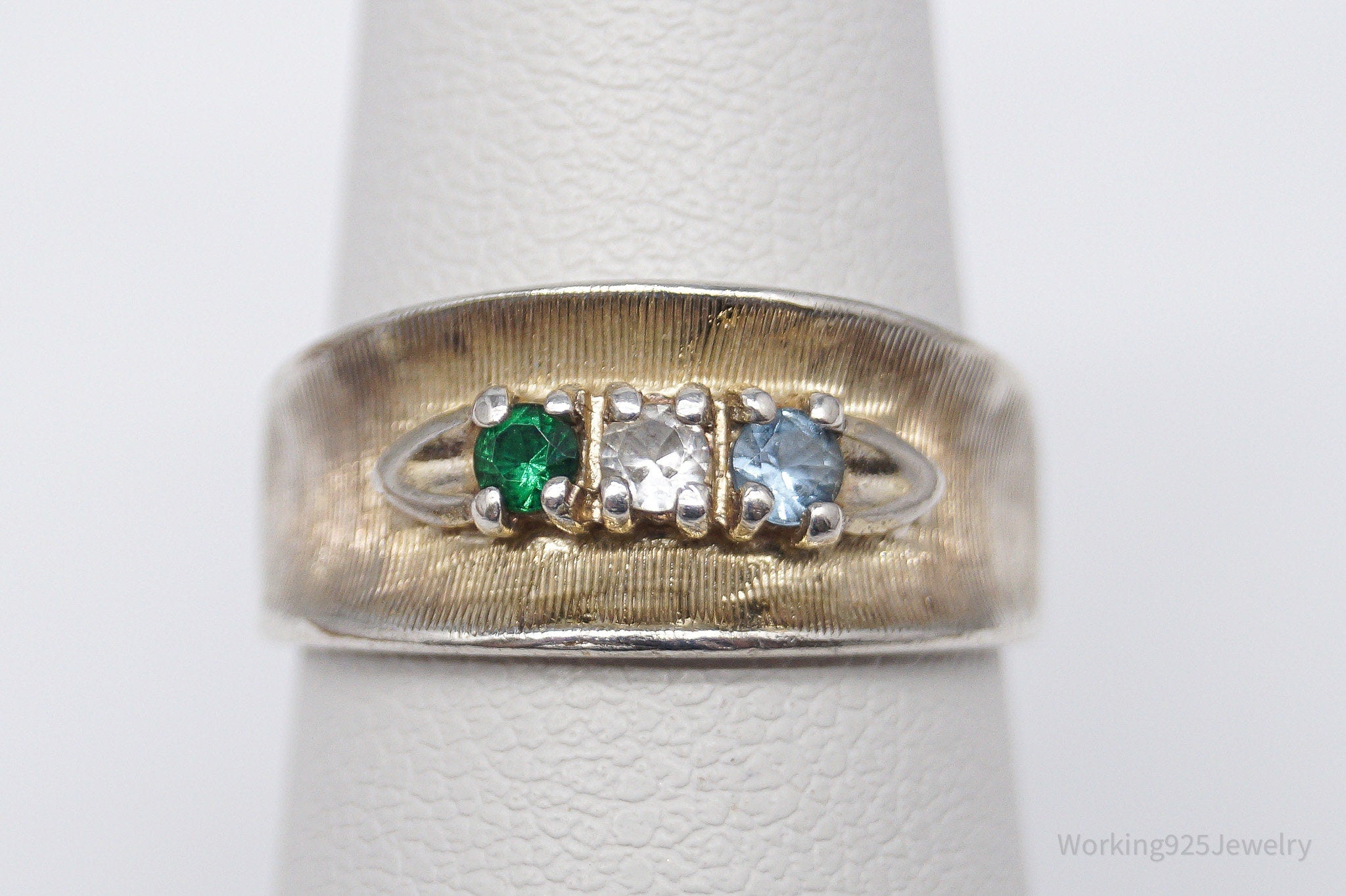Vintage Green White & Blue Topaz Sterling Silver Band Ring - Size 6