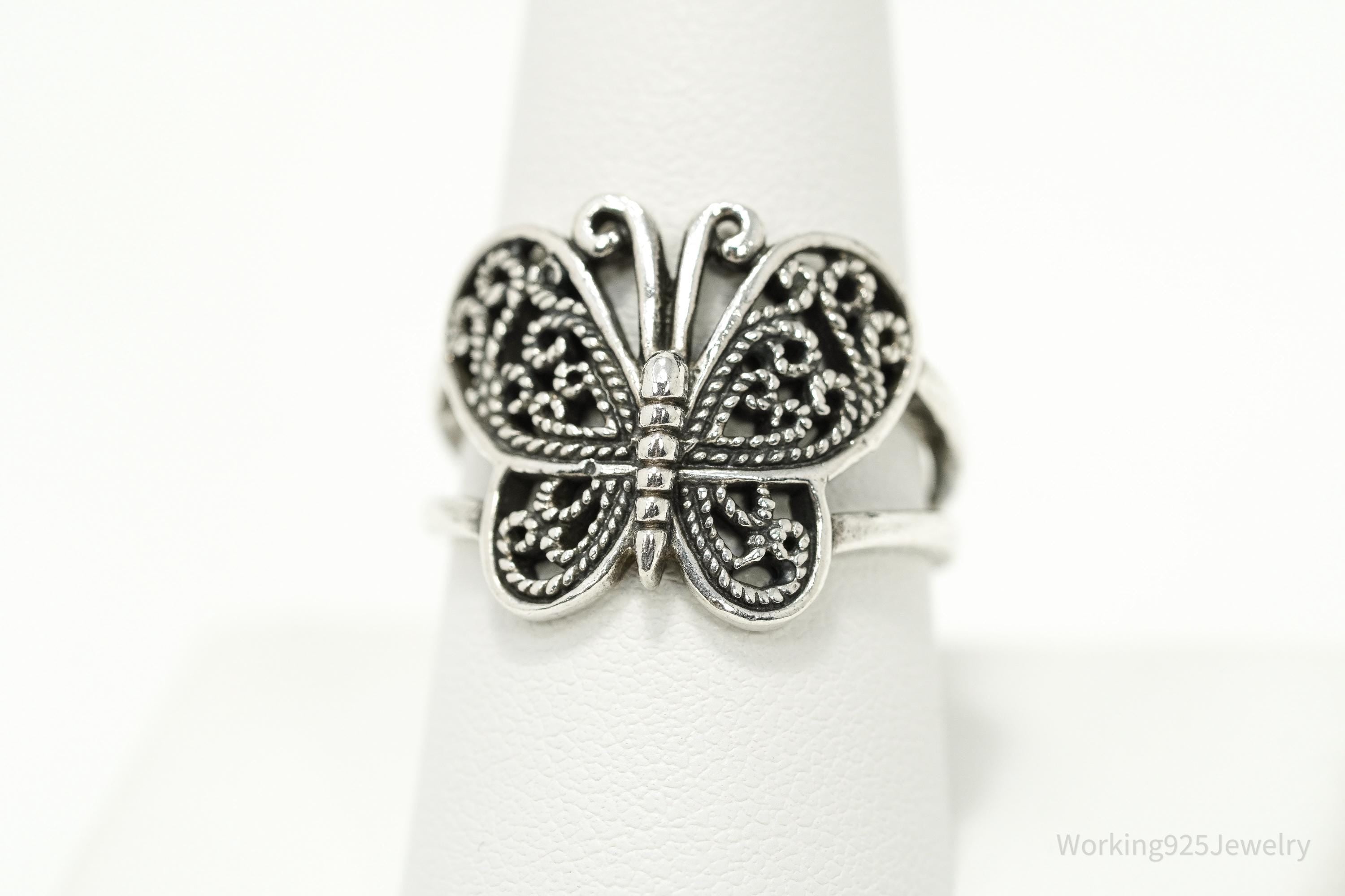 Vintage Filigree Butterfly Sterling Silver Ring - Size 9.25