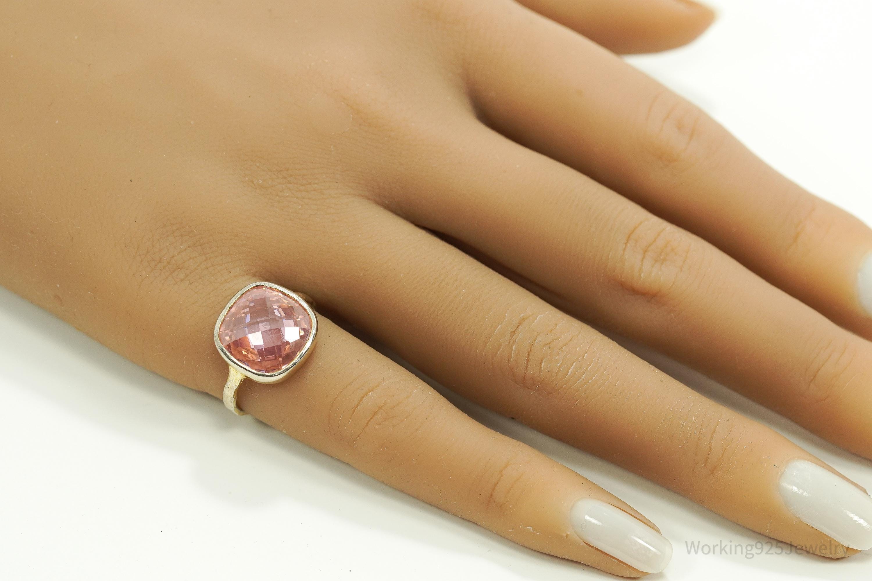 Vintage Gioielli Pink Tourmaline Gold Wash Sterling Silver Ring - Size 6.25