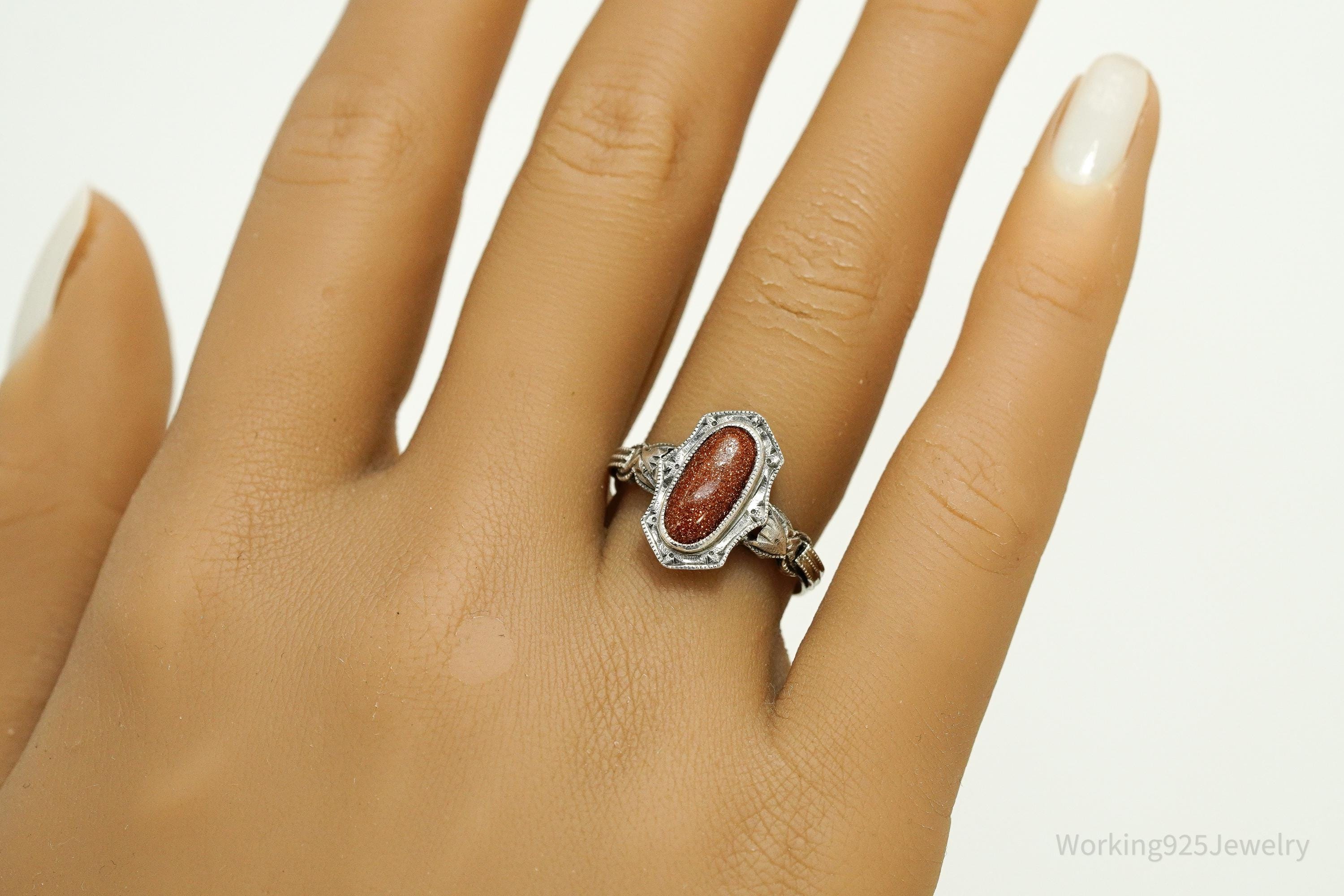 Antique Goldstone Ornate Silver Ring Size 8